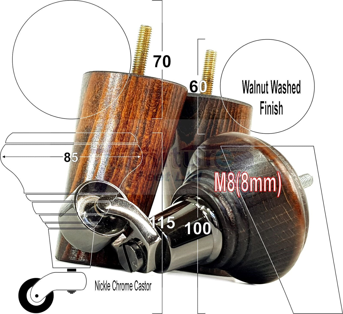 2 Dark Walnut Washed Wood Furniture Sofa Legs With Castor 125mm & 2 Angled Back Feet Chair Settee 100mm High M8