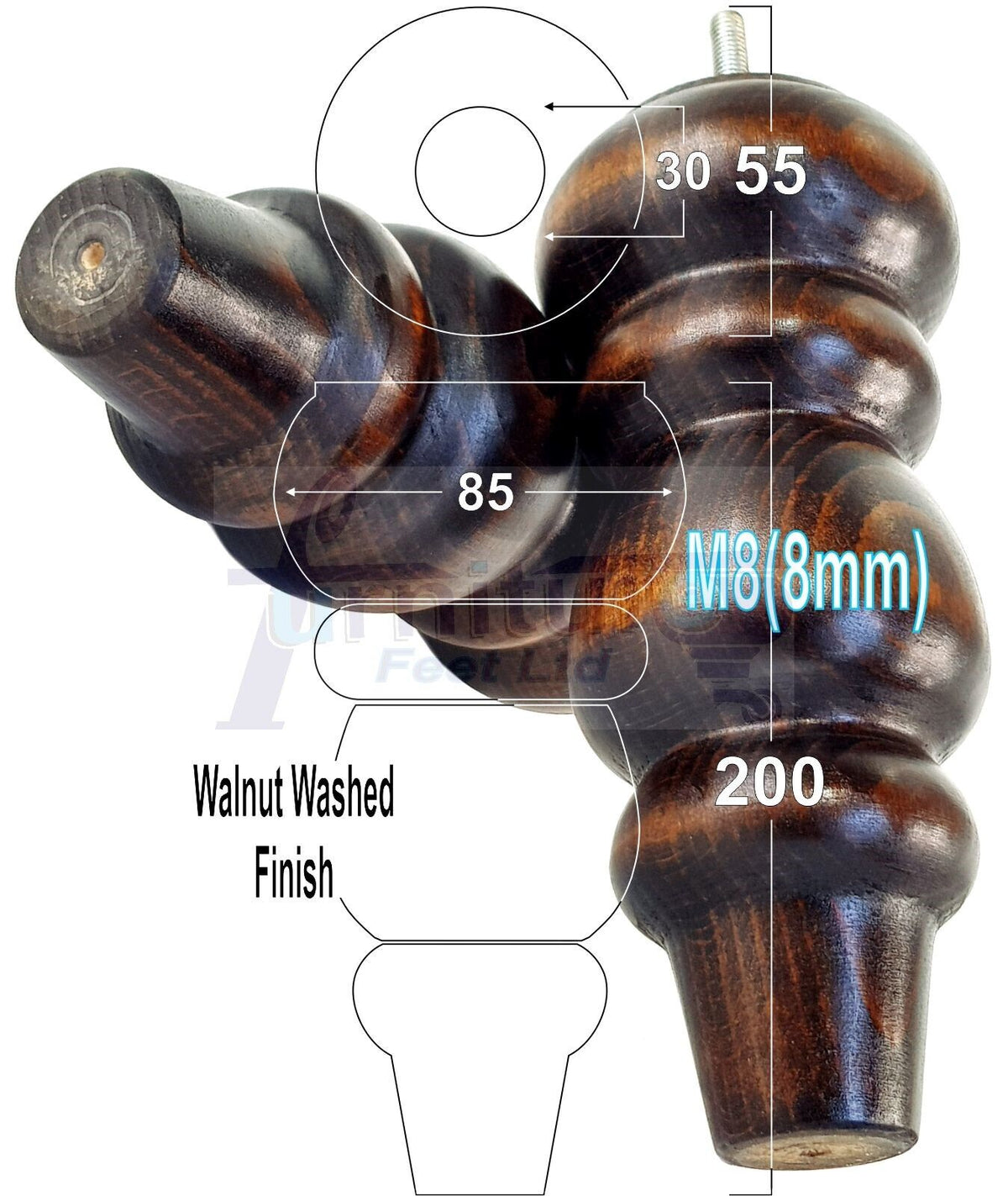 4 Solid Wood Furniture Legs Replacement Turned Chair Feet 200mm High M8 Threaded Dowl