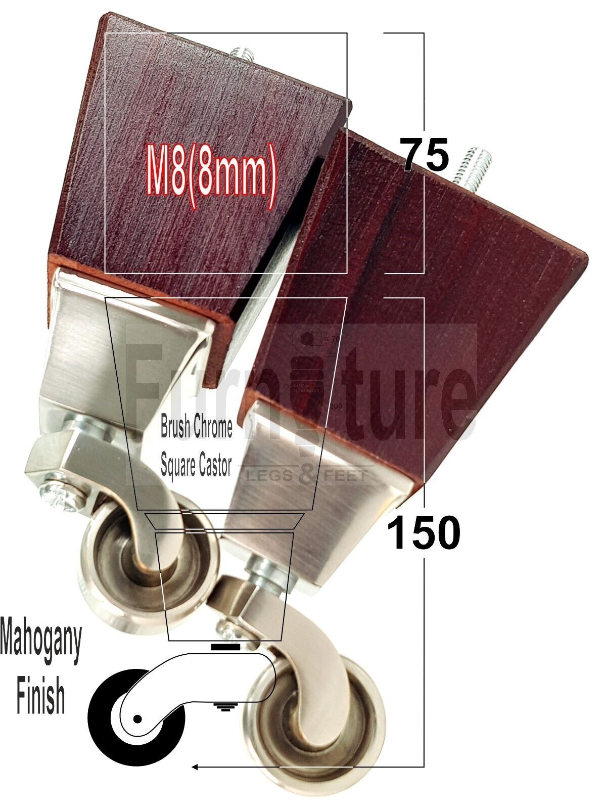 4x Block Wood With Brushed Castor Furniture Legs 8mm Thread For Chairs Settees Sofa 150mm