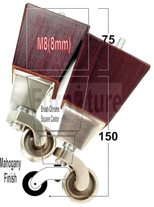 4x Block Wood With Brushed Castor Furniture Legs 8mm Thread For Chairs Settees Sofa 150mm
