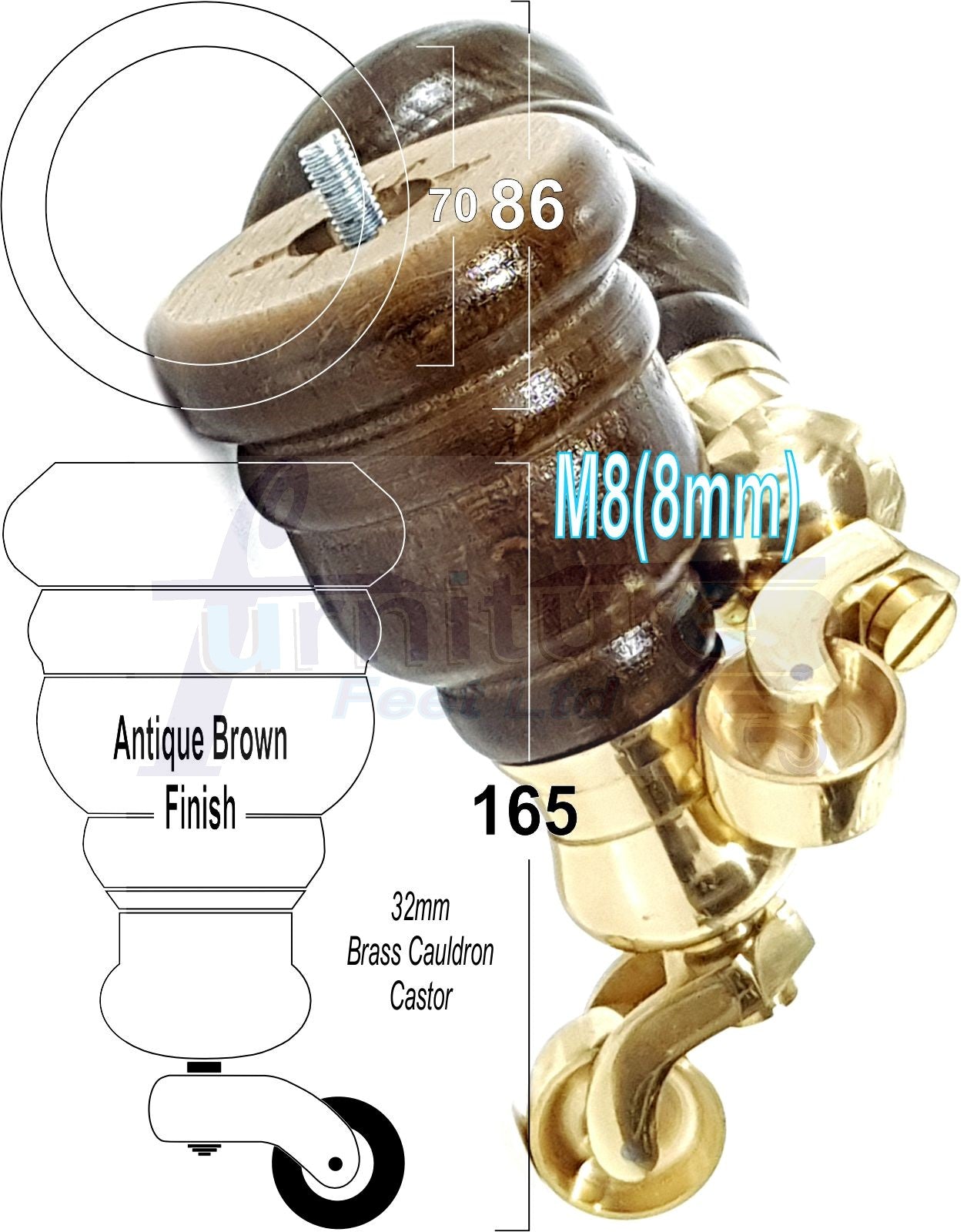 4 Turned Wood Furniture Feet With Brass Cauldron Castors 160mm Legs Sofas Chairs Stools Cabinets Beds M8 6 Inches