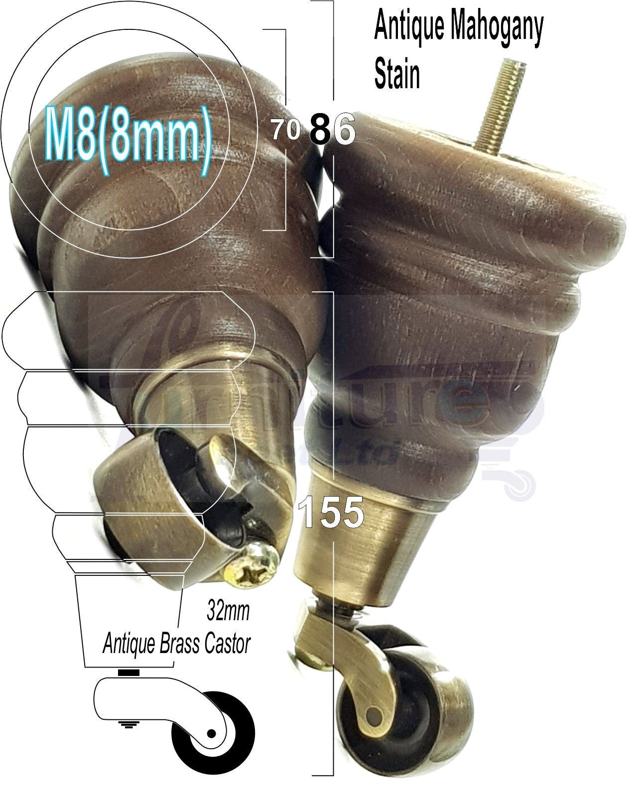 4 Turned Wood Furniture Feet With Antique Brass Castors 155mm Legs Sofas Chairs Stools Cabinets Beds M8 6 Inches