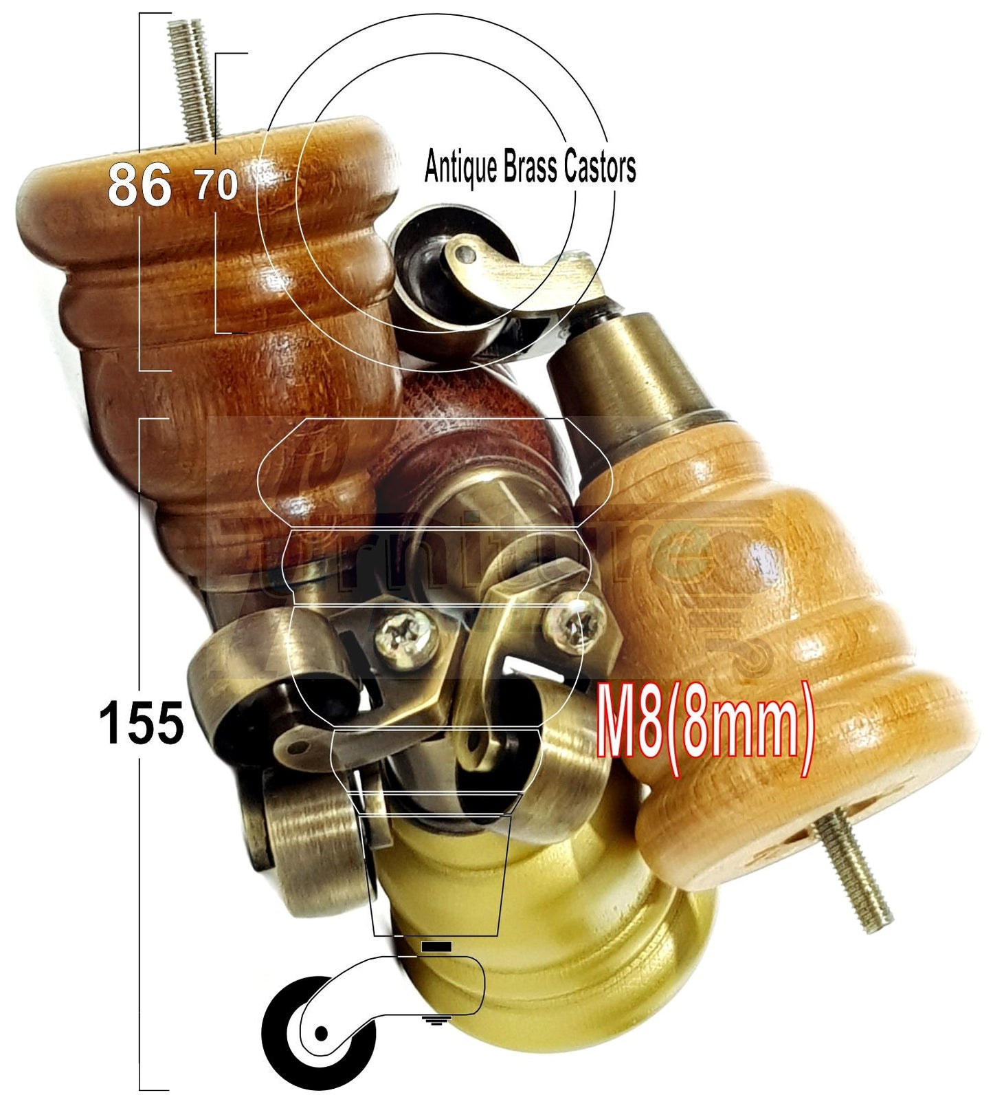 4 Turned Wood Furniture Feet With Antique Brass Castors 155mm Legs Sofas Chairs Stools Cabinets Beds M8 6 Inches