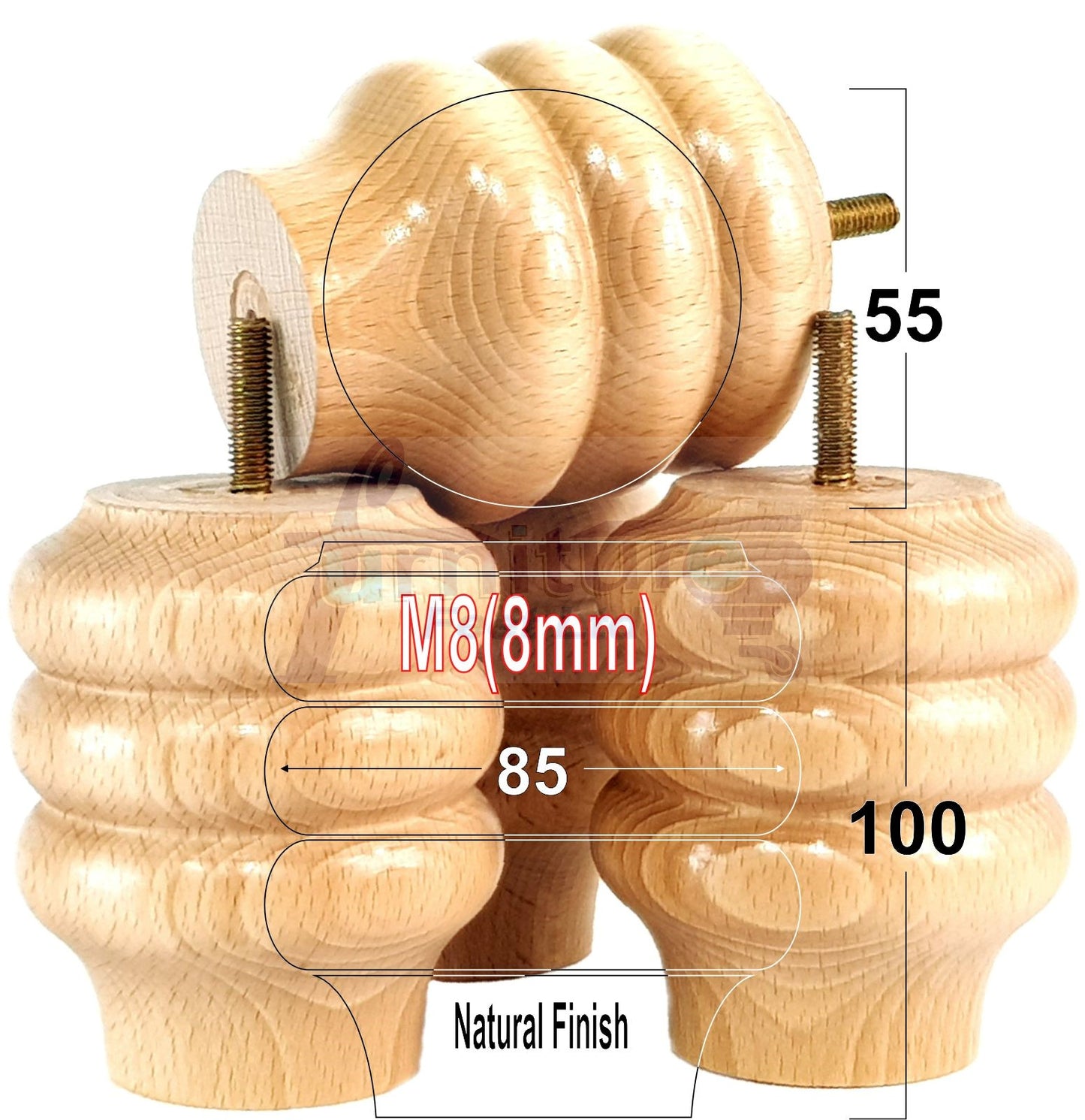 Set Of 4 Solid Wood Turned Furniture Legs Replacement Bun Feet 100mm High 8mm Thread