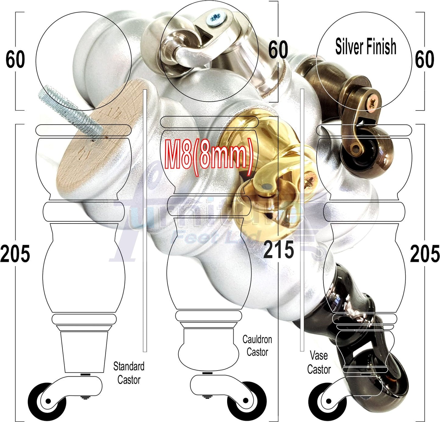 4x Furniture Feet With Castor 205mm High Legs Silver Wood M8 Sofas Chairs Stools Cabinets 8 Inches Tall