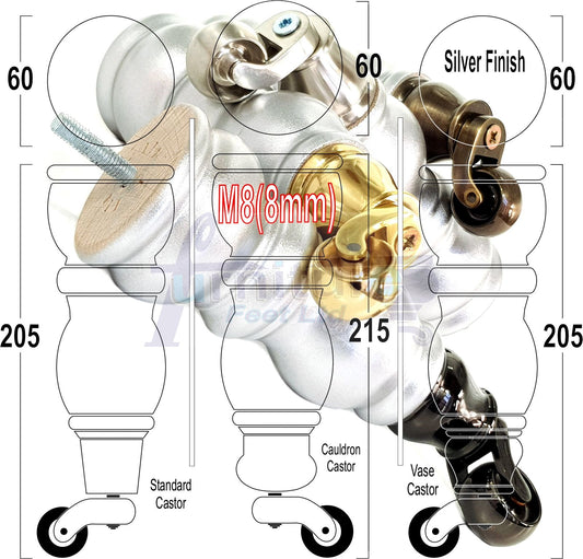 4x Furniture Feet With Castor 205mm High Legs Silver Wood M8 Sofas Chairs Stools Cabinets 8 Inches Tall