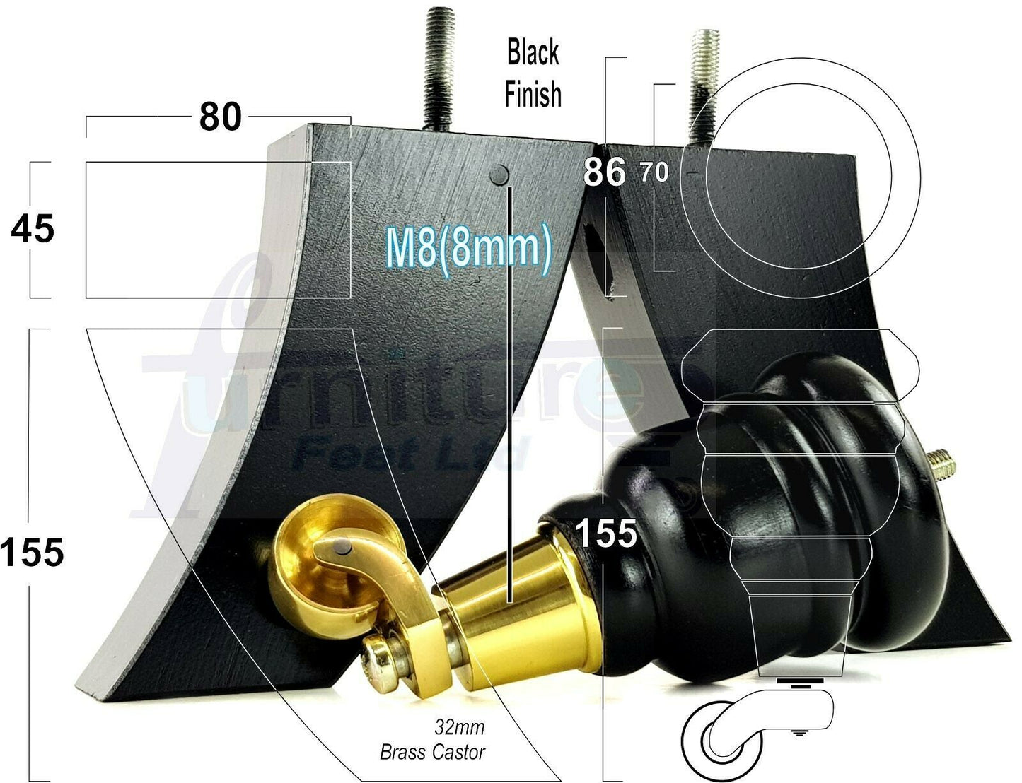 Black Turned Wood Furniture Feet 2 With Castors 155mm and 2 Curved Back Legs Sofas Chairs Stools Cabinets Beds M8 6 Inches