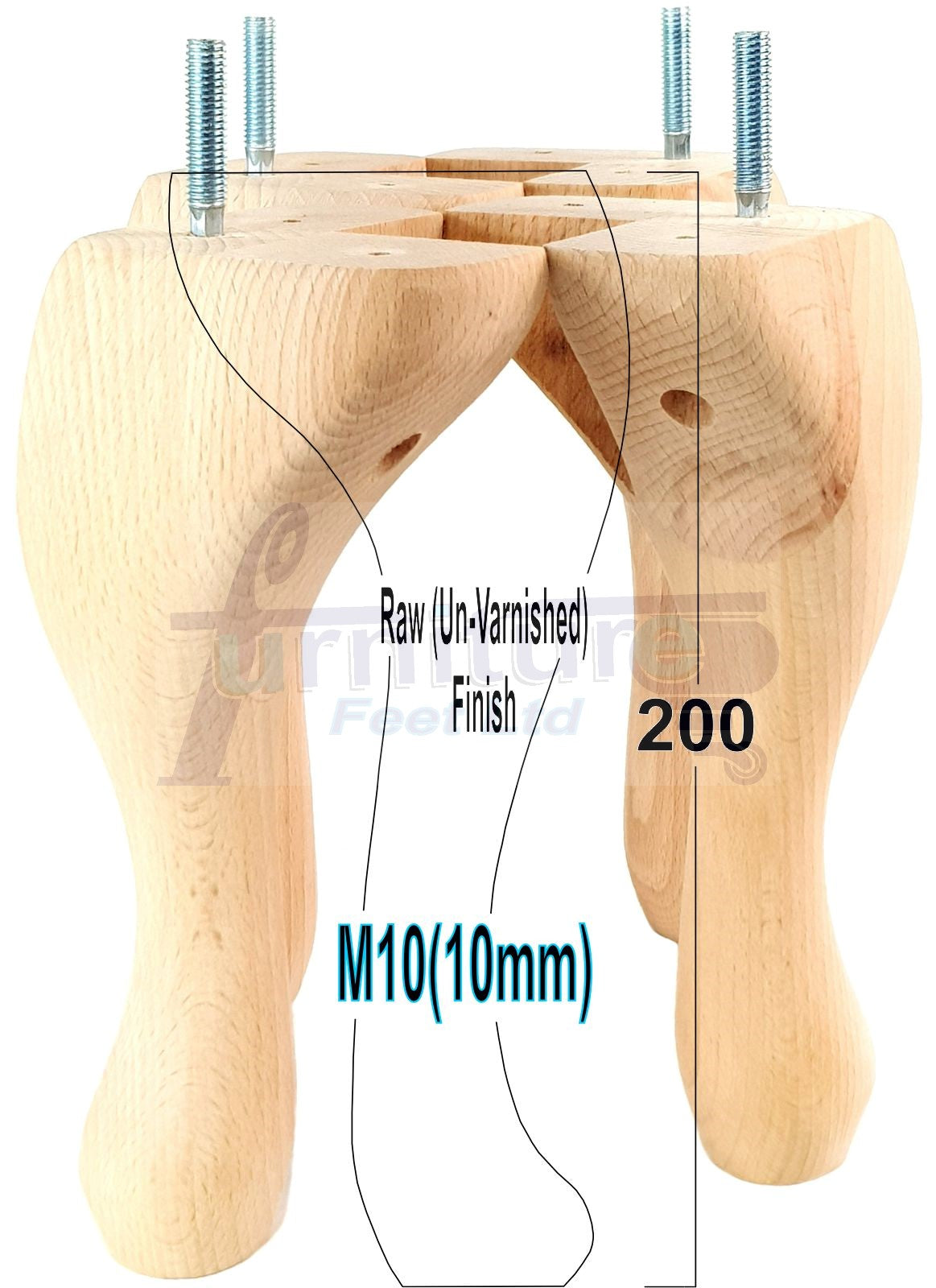 4 Solid Wood Furniture Legs 200mm High Queen Anne Replacement Feet Chairs Settees Sofas M10 Thread