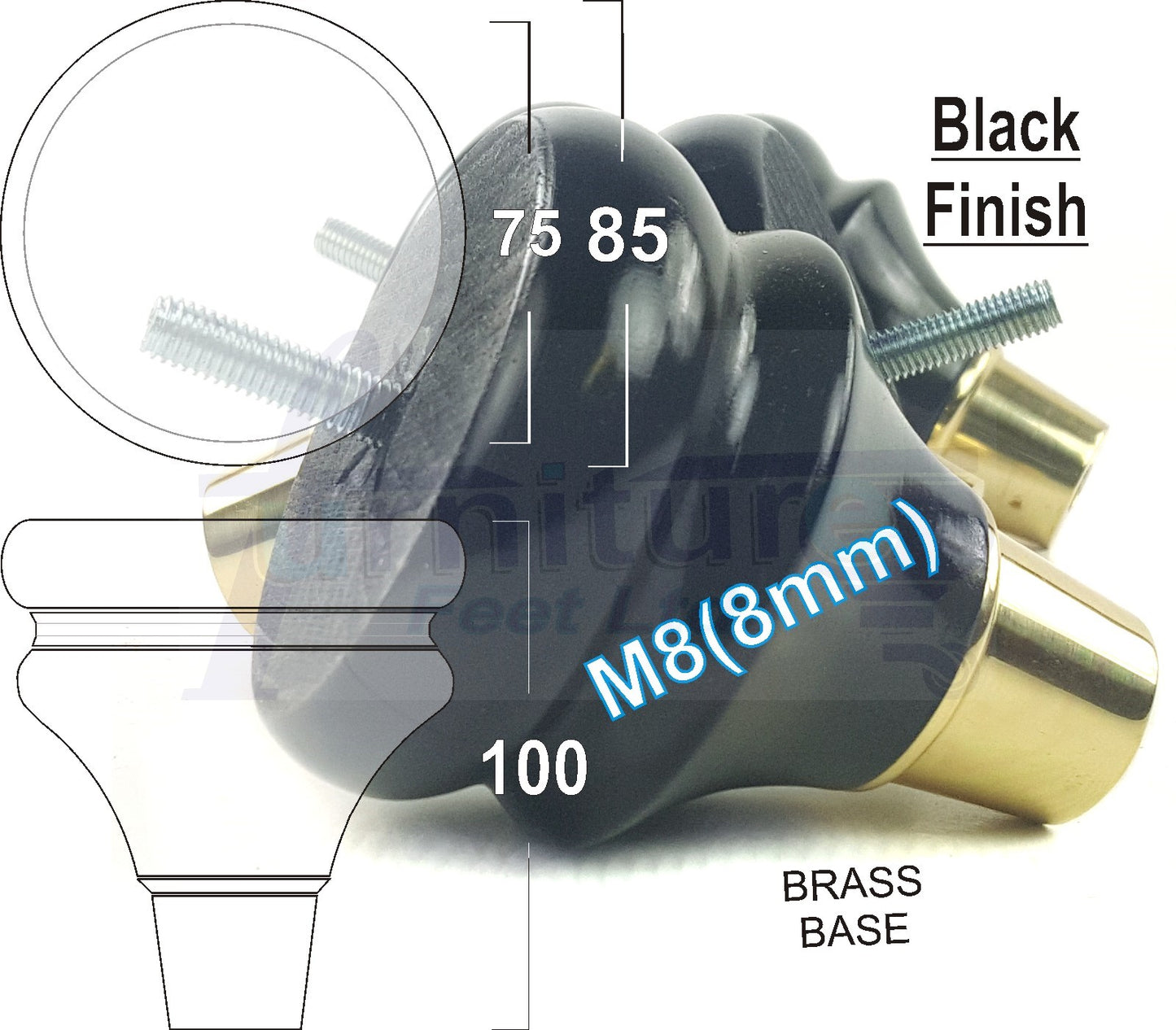 4x Turned Wood Furniture Feet M8(8mm) With Slipper Cup Chair Sofa Settee Legs 110mm
