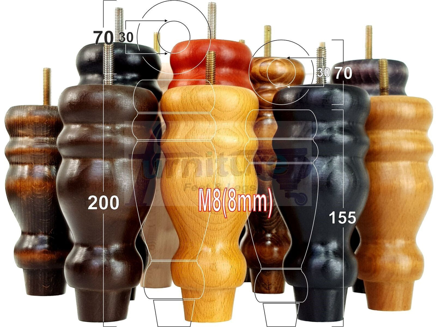 Set Of 4 Turned Furniture Legs Replacement Sofa Feet 200mm High M8 Thread