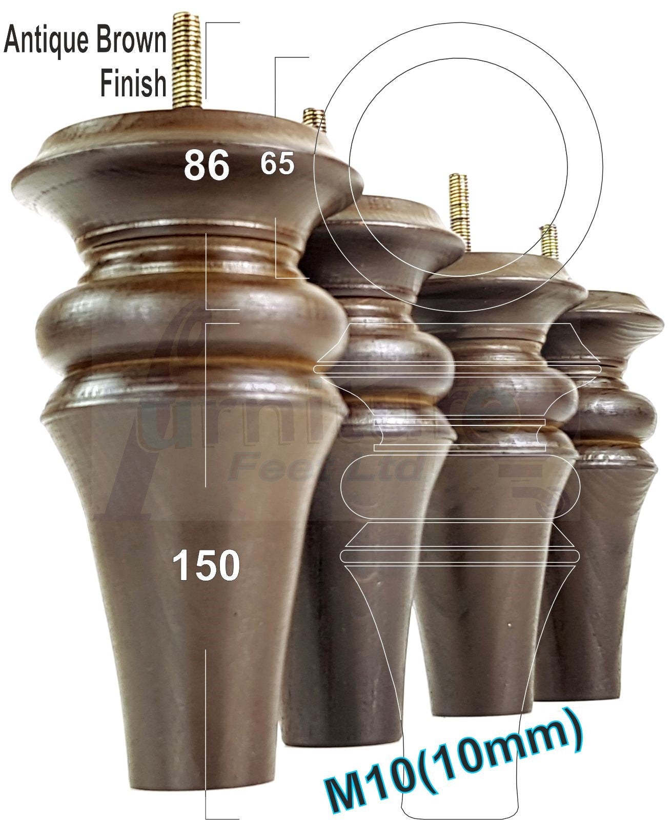 4 Turned Furniture Legs 150mm High Replacement Feet M10 Thread For Settees Chairs Sofas