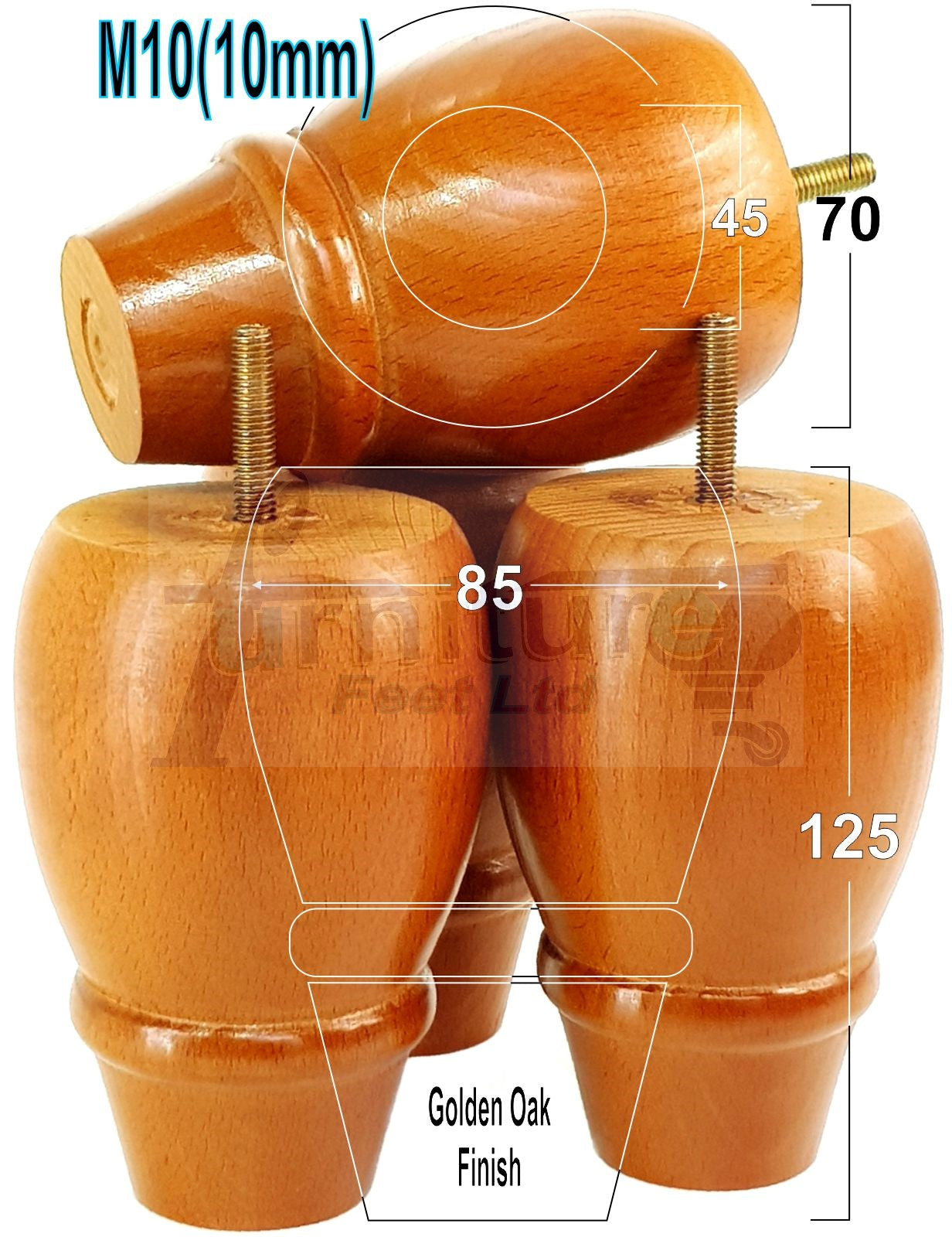 4x Wooden Turned Replacement Furniture Legs 125mm High Settee and Cabinet Feet 10mm Thread