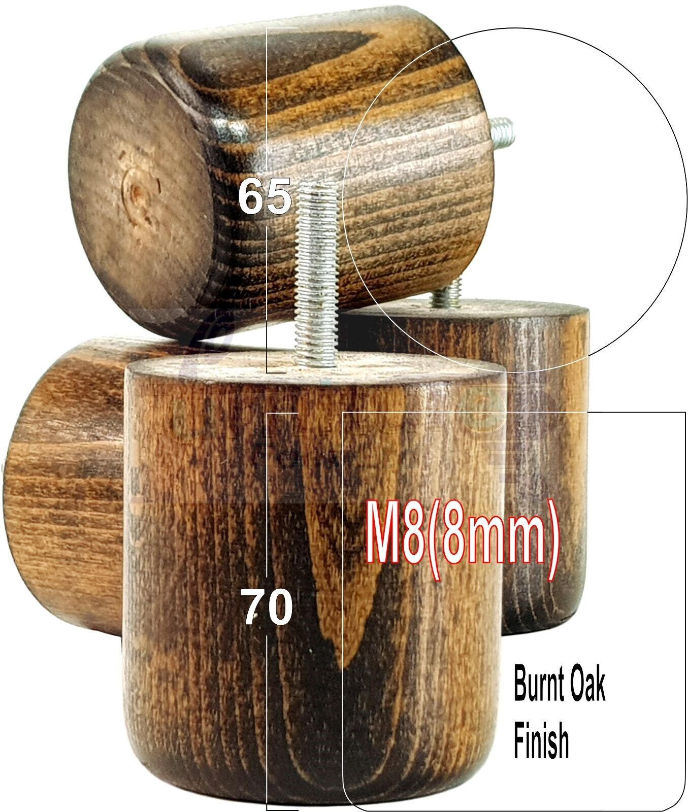 4x Solid Wood Turned Furniture Legs Replacement Bun Feet 70mm High 8mm Thread