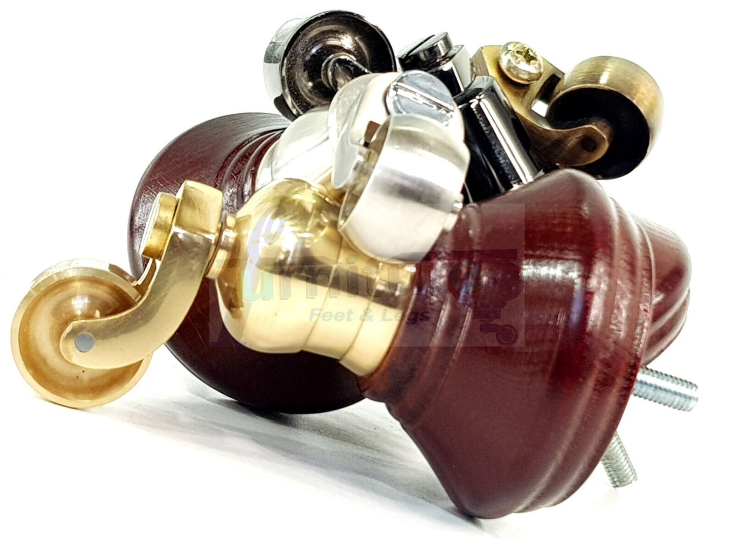 4x Mahogany Wooden Furniture Sofa Legs M8 With Castors Replacment Chair Settee Feet 115mm - 125mm High