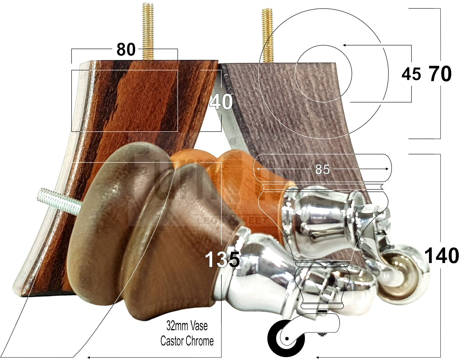 Turned Wood Furniture Feet 2 With Chrome Castors 140mm & 2 Curved Back Legs Sofas Chairs Cabinets Beds M8