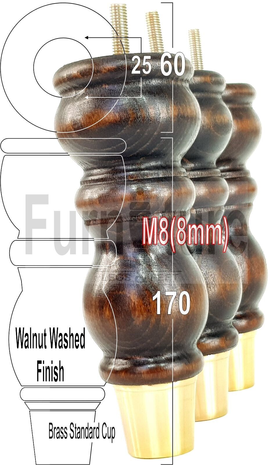 4x Furniture Feet With Slipper Cup 175mm High Legs Dark Walnut Finish Wood M8 Sofas Chairs Cabinets