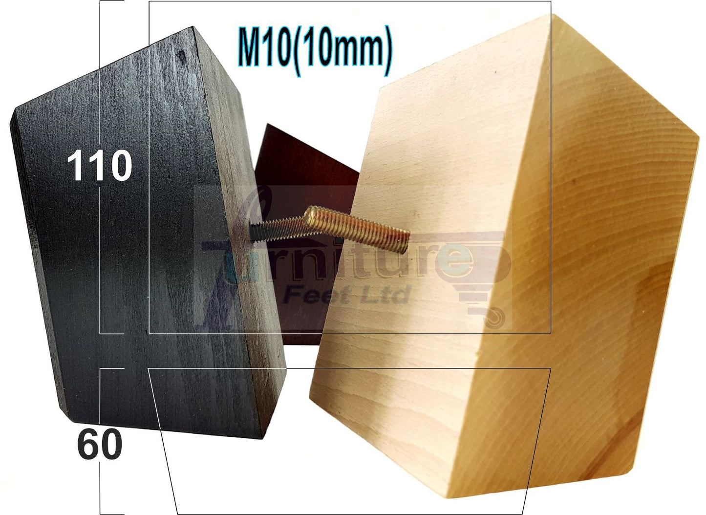 4x Square Wood Sofa Legs 60mm High Replacement Furniture Feet Chairs Cabinets M10 Thread