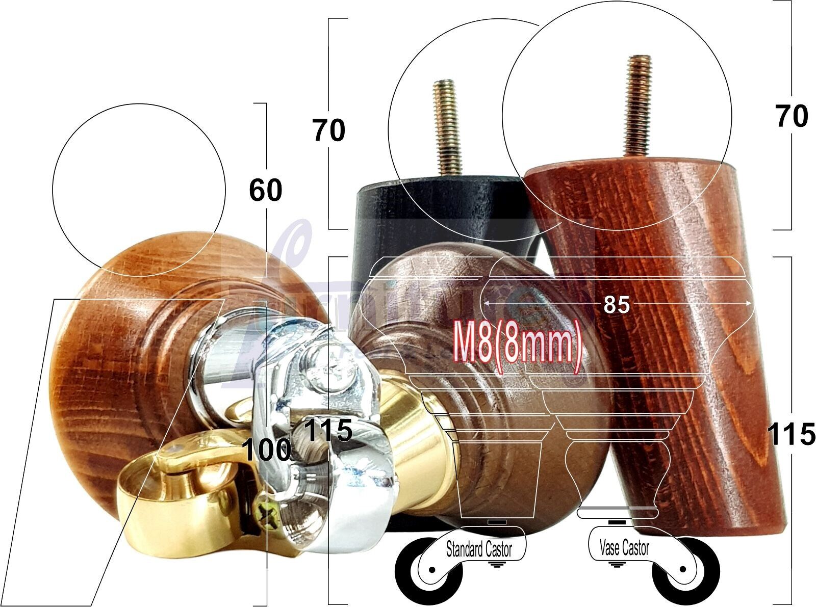 2 Antique Brown Wood Furniture Sofa Legs With Castor 125mm & 2 Angled Back Feet Chair Settee 100mm High M8