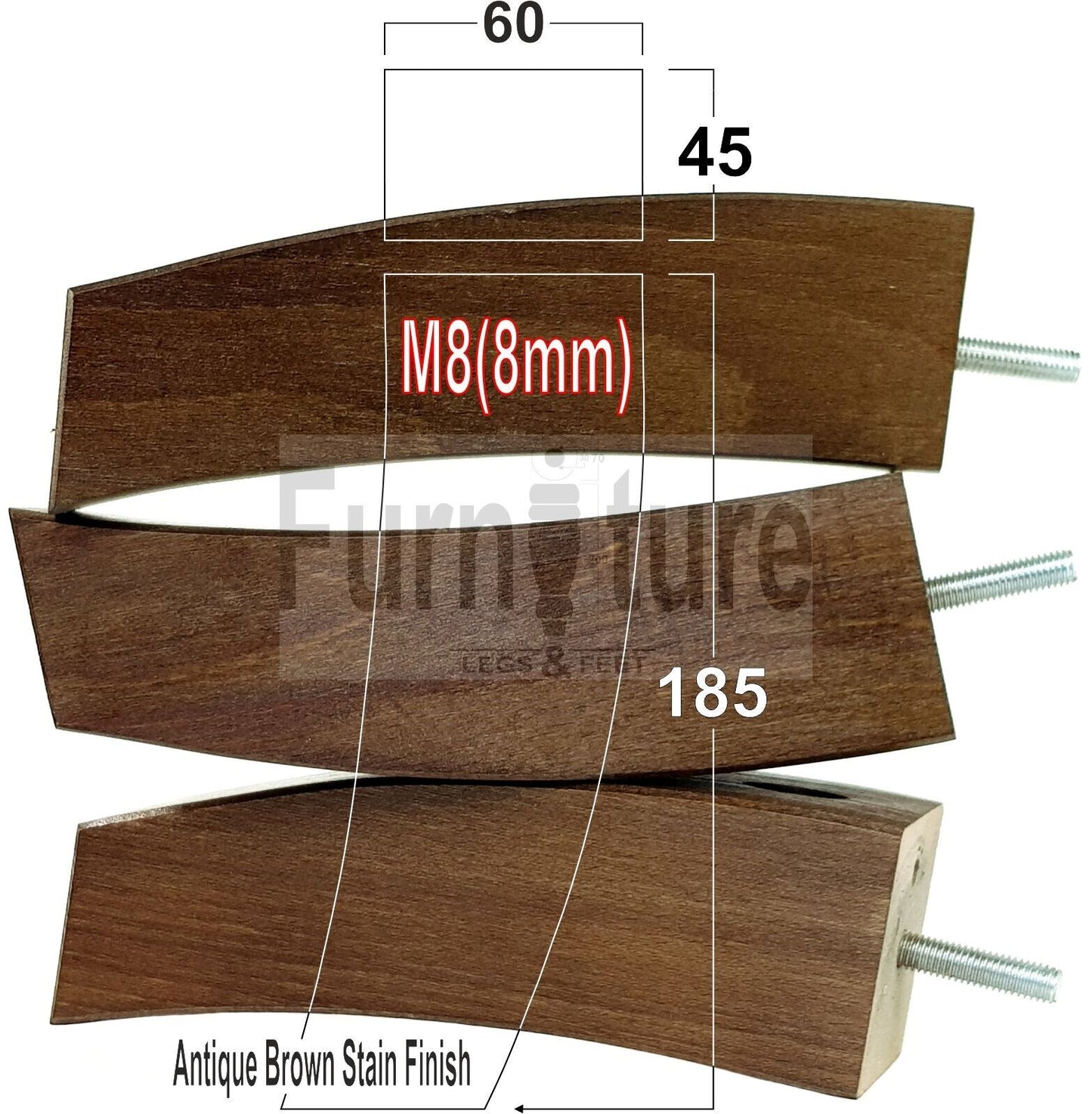 Set Of 4 Solid Wood Curved Furniture Feet Replacement Legs 185mm High M8(8mm)