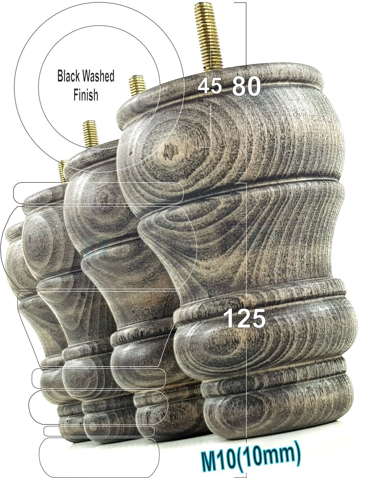 4 Turned Wood Furniture Legs M10 Thread Replacement Feet 125mm High Sofa Chairs Beds