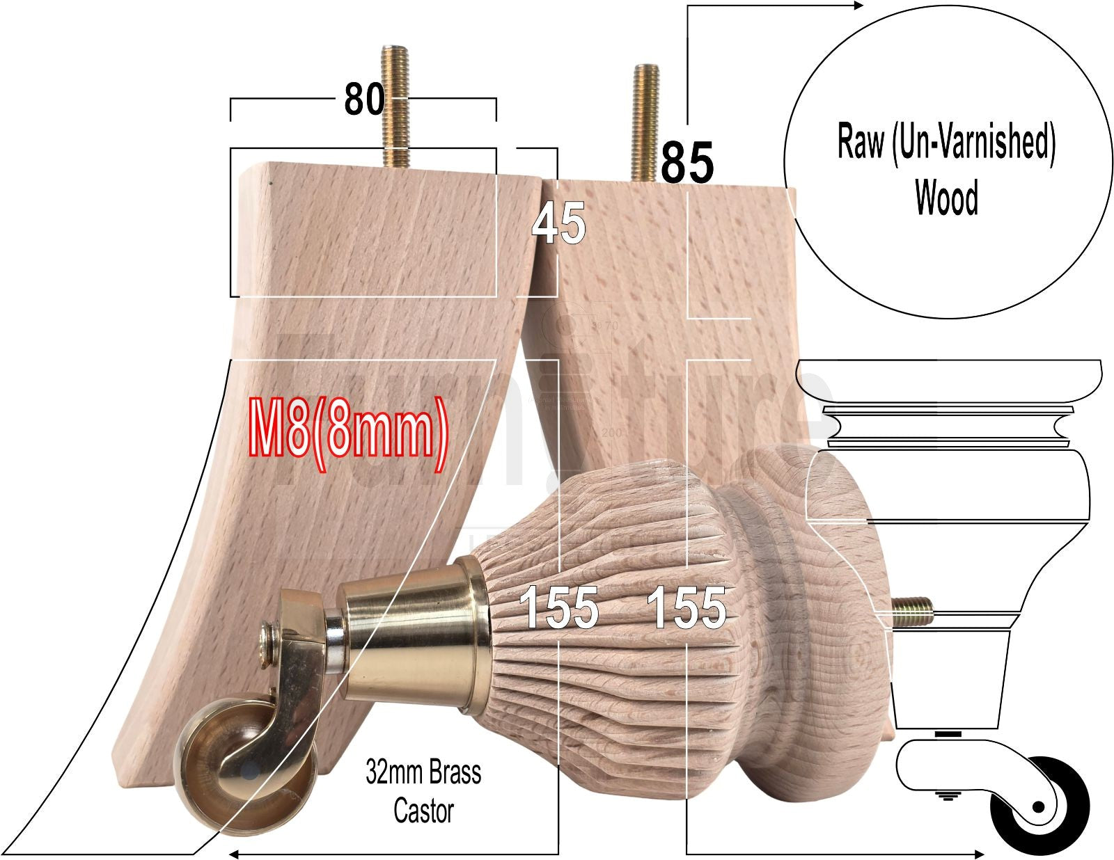 Solid Wood Replacement Furniture Legs 6 Inches with 2x Castors and 2x Back Feet 155mm High M8 Dowl Fixing - Raw Wood