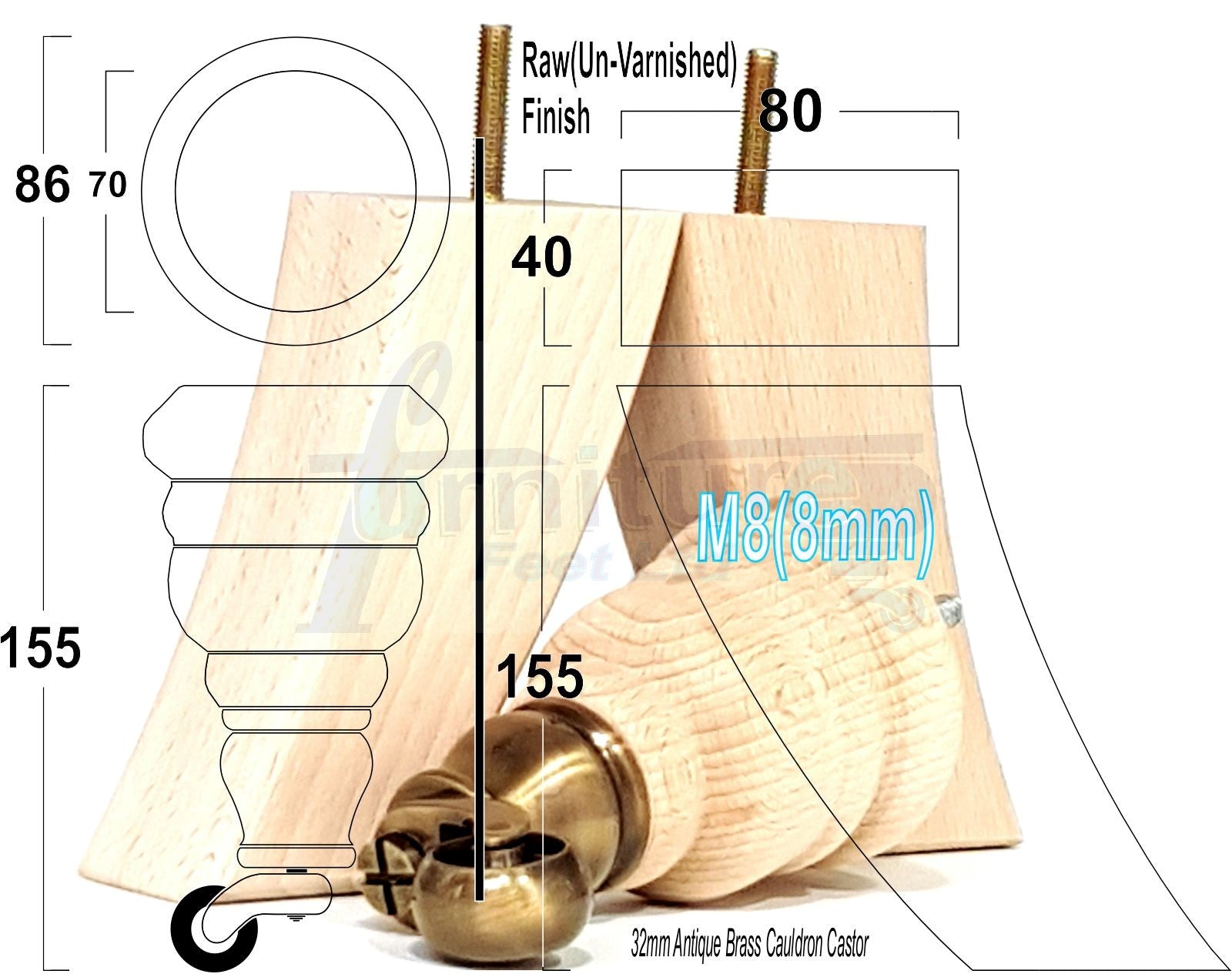 Turned Furniture Feet 2 With Castors 155mm and 2 Curved Back Legs Raw Wood for Sofas Chairs Stools Cabinets Beds M8 6 Inches