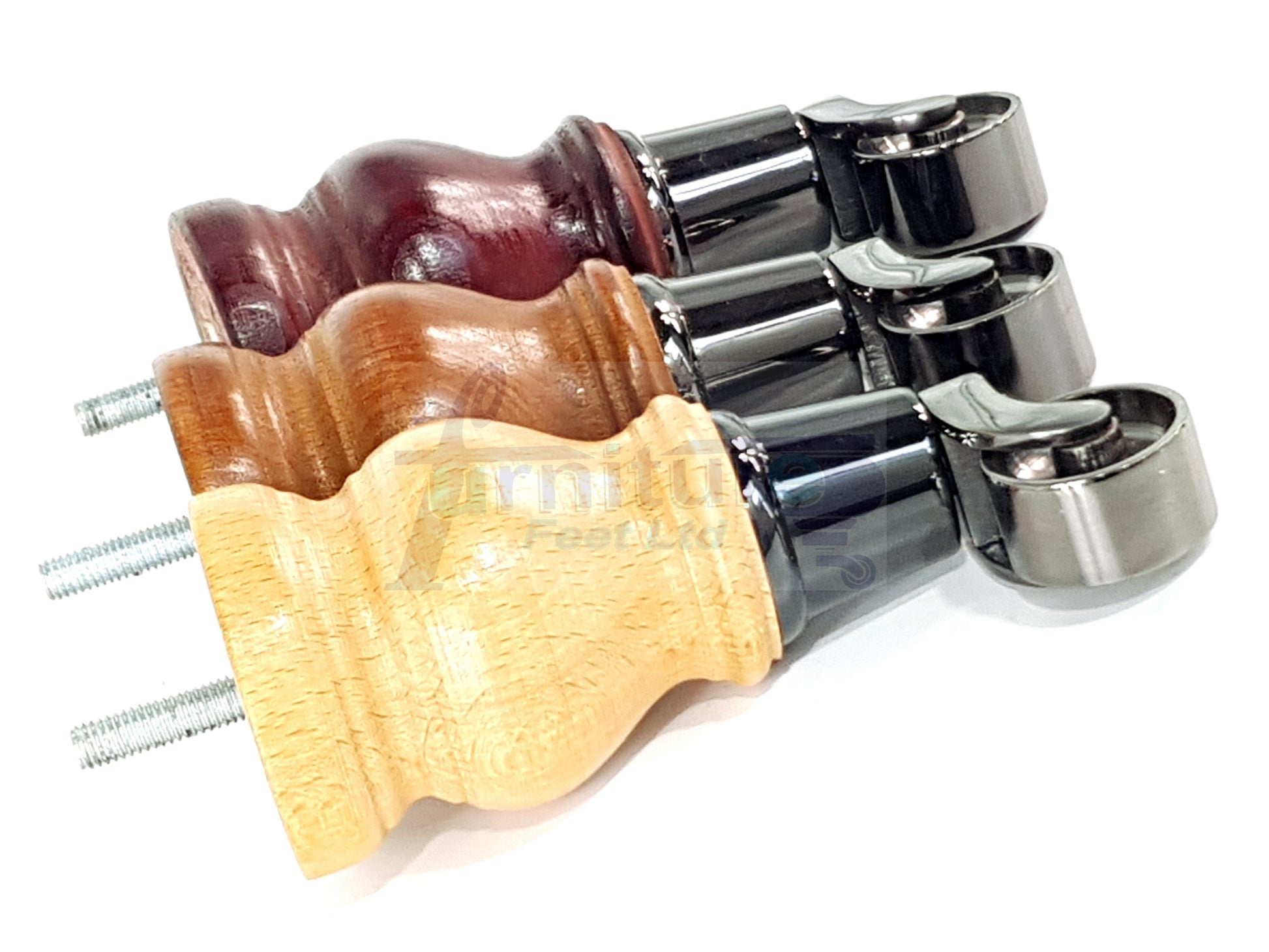 Set Of 4 Turned Wood Furniture Legs With Black Castor Wheels 140mm High M8(8mm)