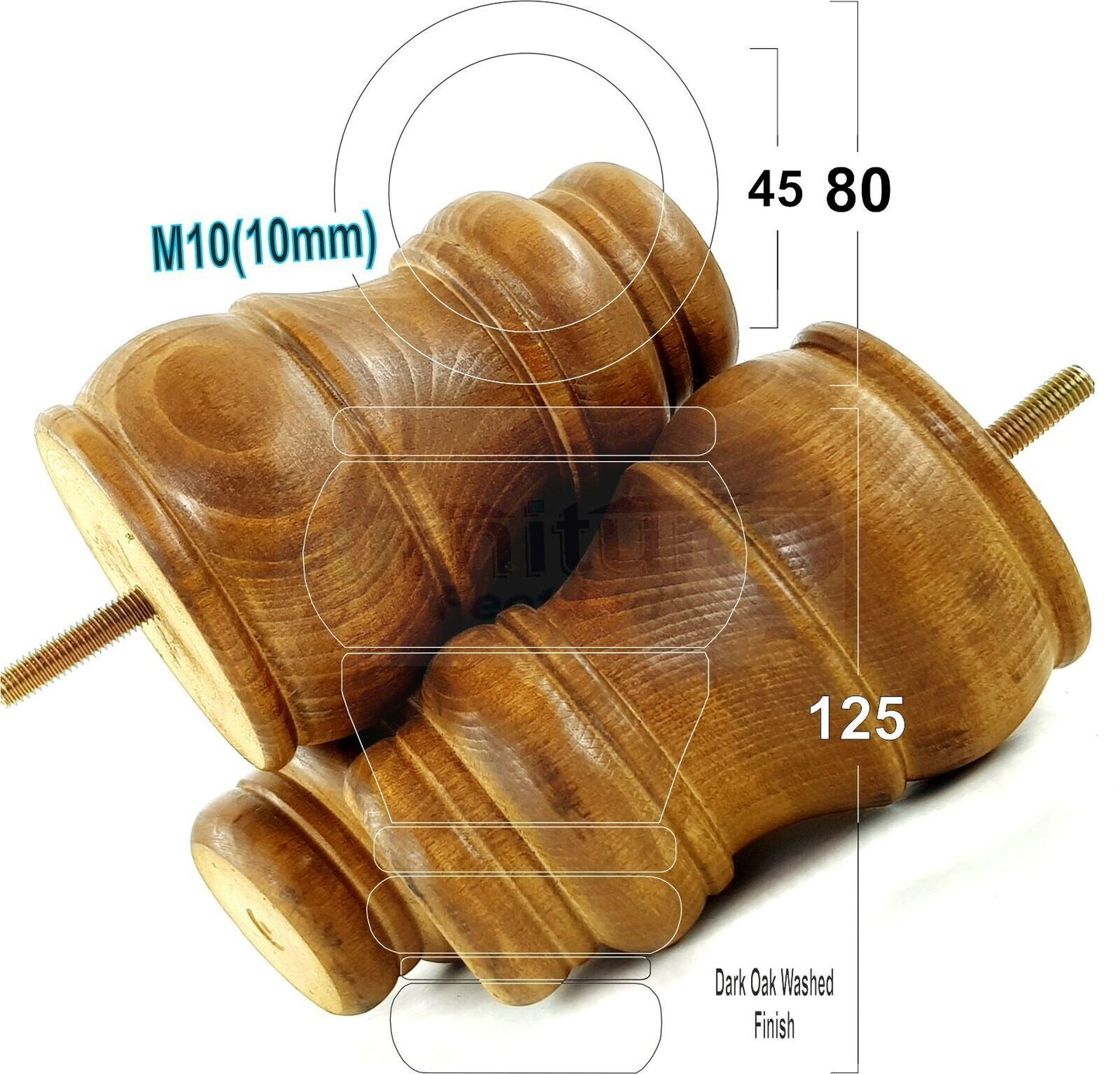 4 Turned Wood Furniture Legs M10 Thread Replacement Feet 125mm High Sofa Chairs Beds