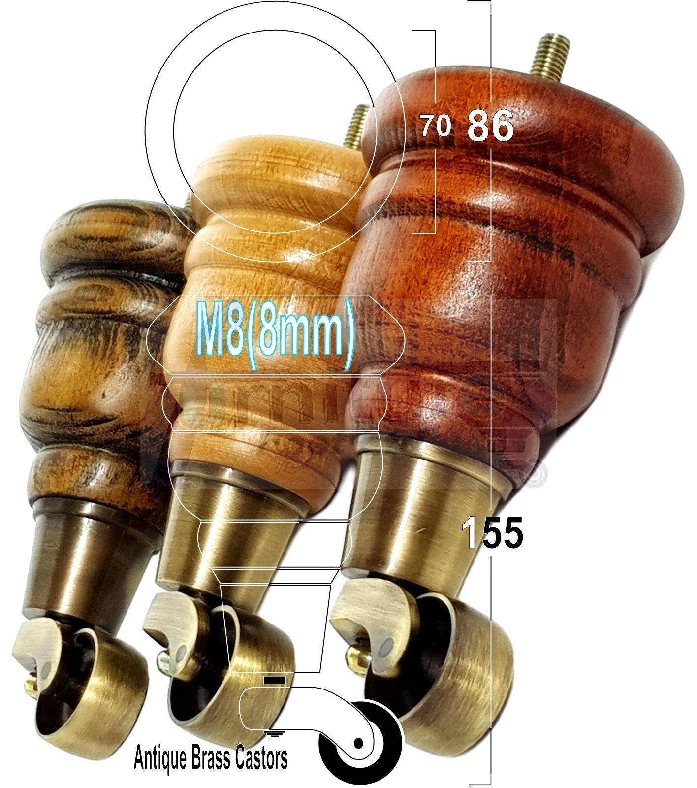 Raw Turned Wood Replacement Furniture Legs 2x with Antique Castors and 2x Angled Back Legs M8 Dowl Fitting 155mm High 6 Inches