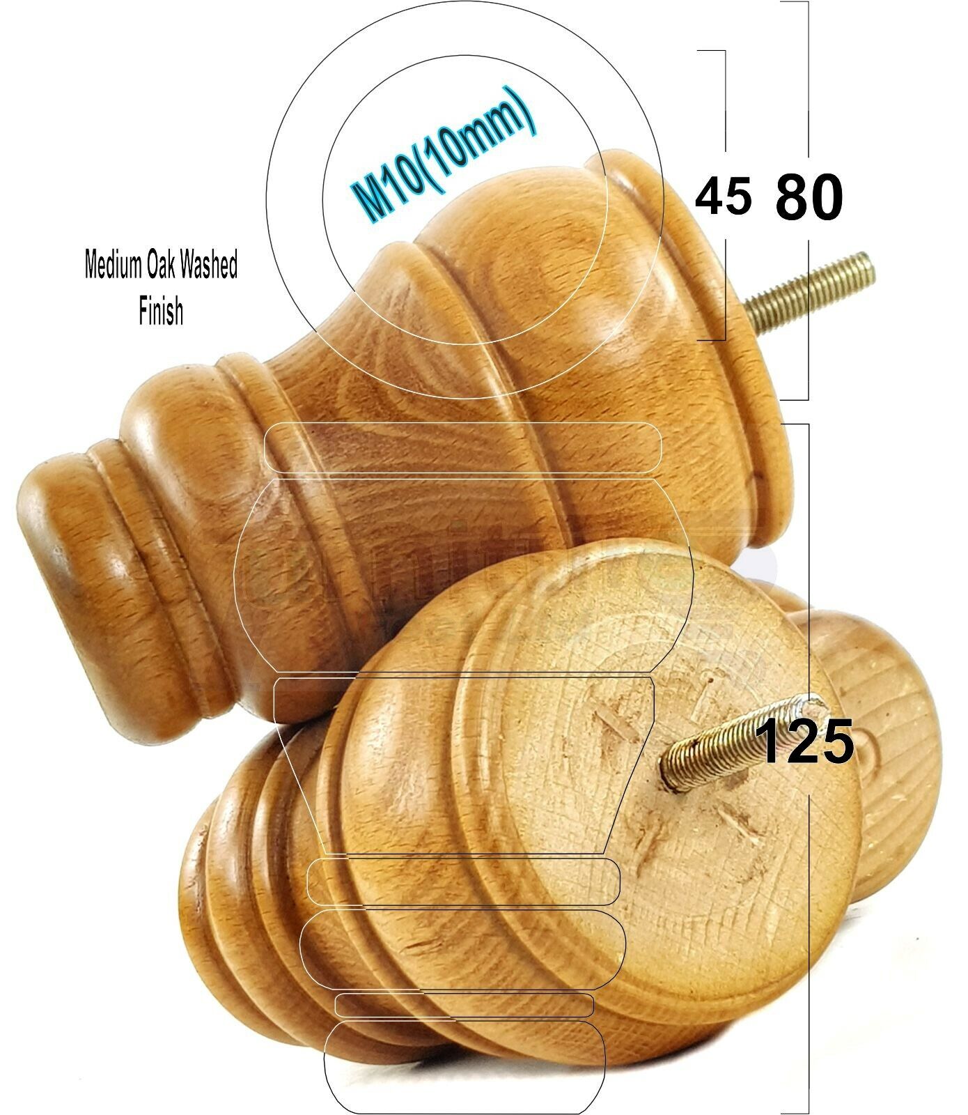 4 Turned Wood Furniture Legs M10 Thread Replacement Feet 125mm High Sofa Chairs Beds