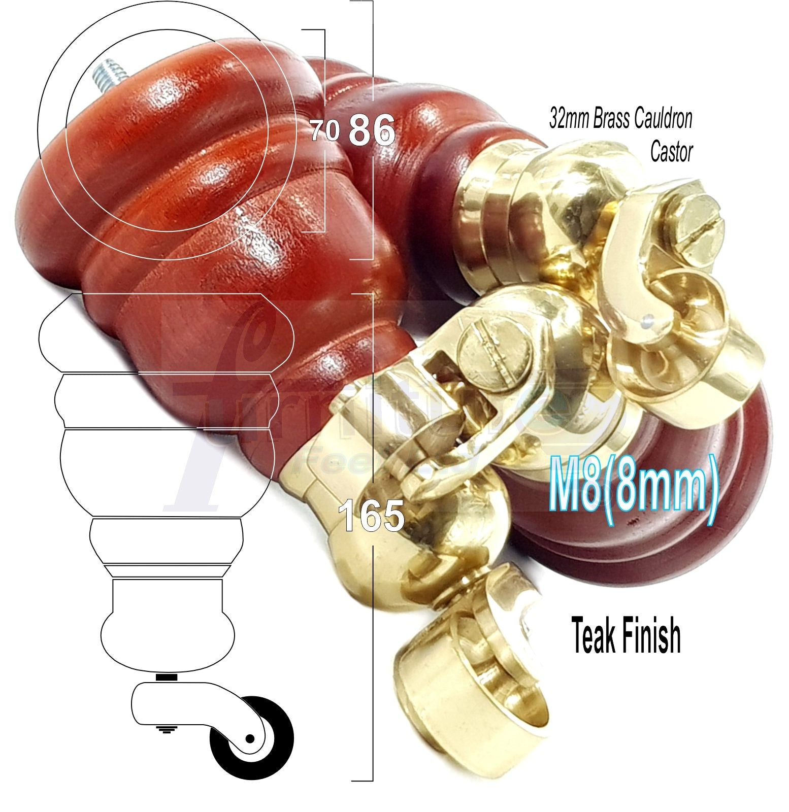 4 Turned Wood Furniture Feet With Brass Cauldron Castors 160mm Legs Sofas Chairs Stools Cabinets Beds M8 6 Inches