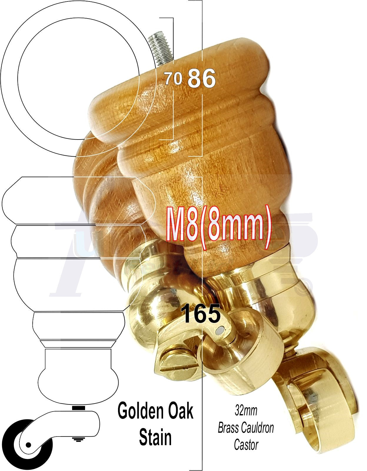 4 Turned Wood Furniture Feet With Brass Cauldron Castors 160mm Legs Sofas Chairs Stools Cabinets Beds M8 6 Inches