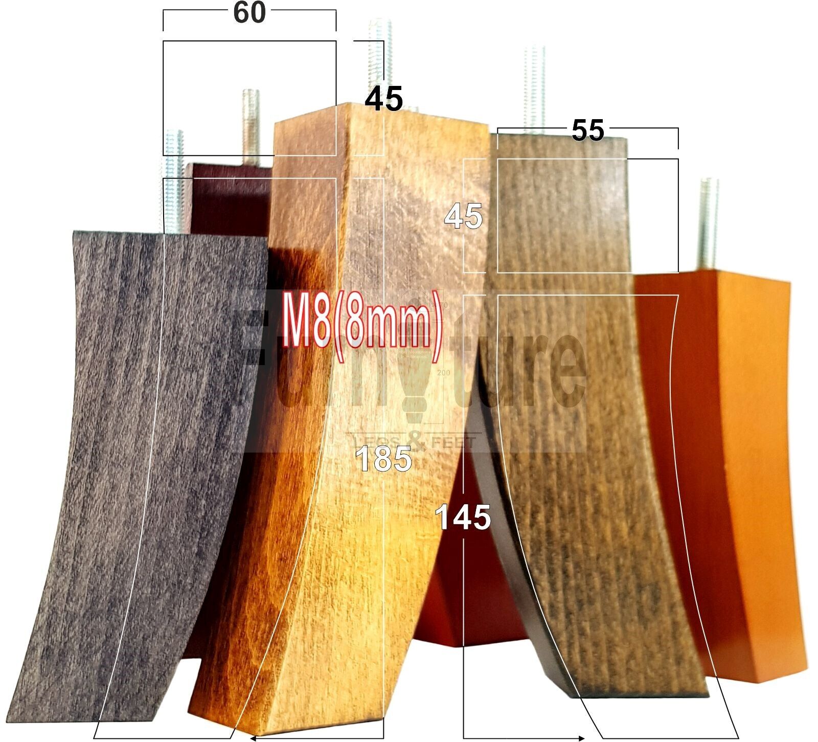 Set Of 4 Solid Wood Curved Furniture Feet Replacement Legs 185mm High M8(8mm)