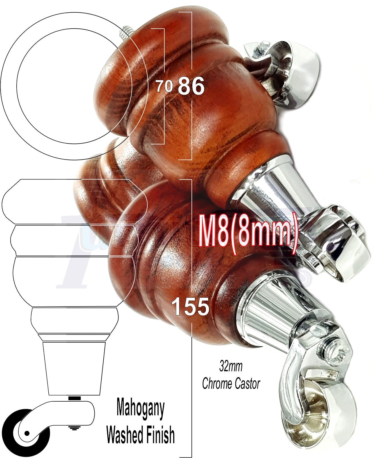 4 Turned Wood Furniture Feet With Chrome Castors 155mm Legs Sofas Chairs Stools Cabinets Beds M8 6 Inches