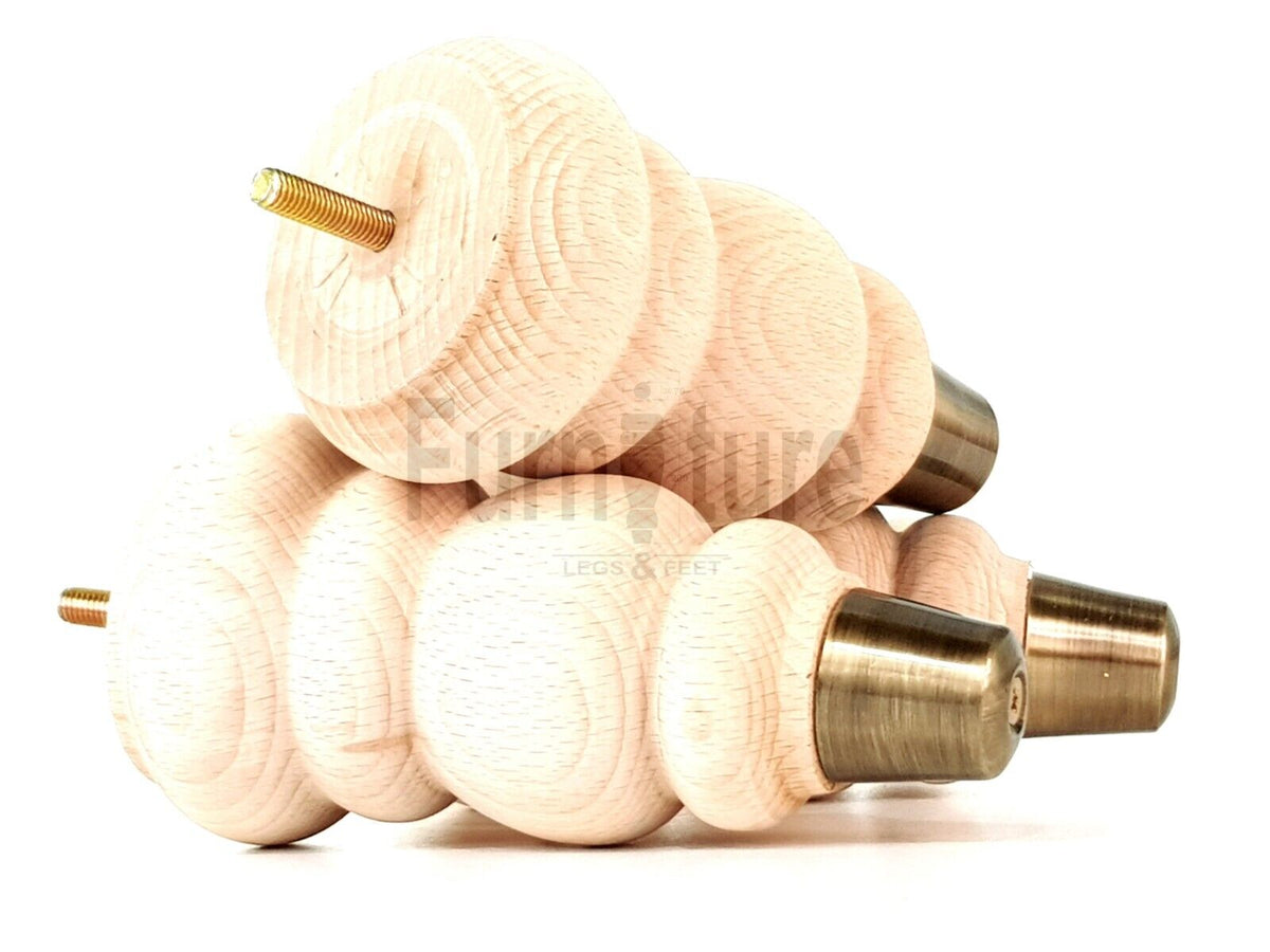 4x Round and Turned Wood Furniture Legs With Brass Slipper Cups Replacement Feet 165mm High M8 Thread