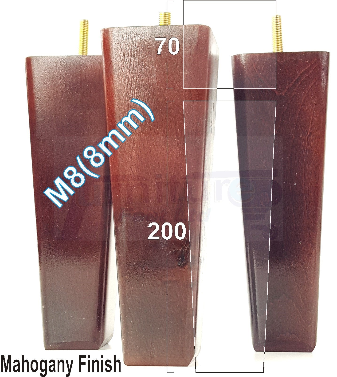 4x Wooden Furniture Legs 200mm High Replacement Square Tapered Feet 8mm Thread