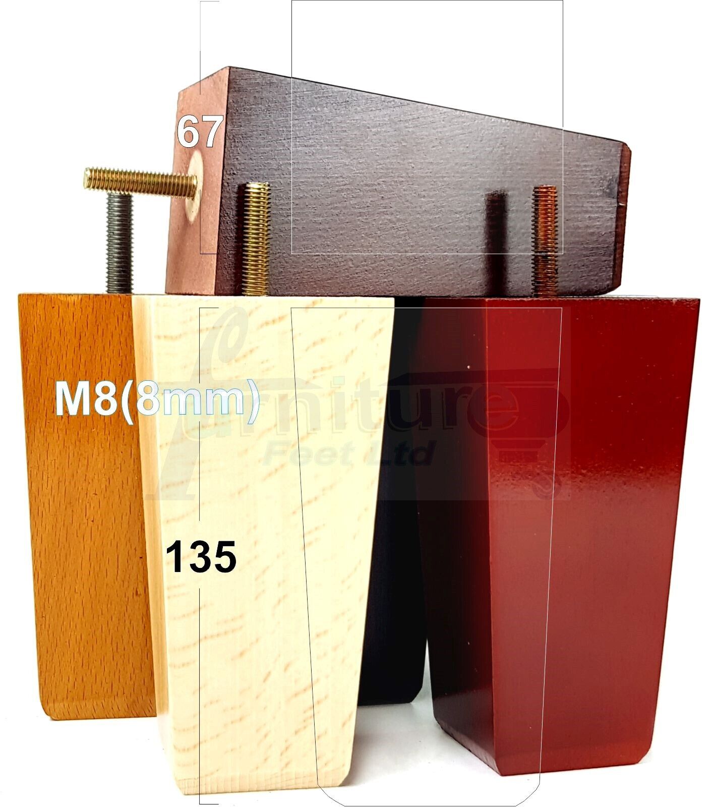 4x Block Wood Sofa Legs 135mm High Replacement Furniture Feet Chairs Cabinets M8(8mm)