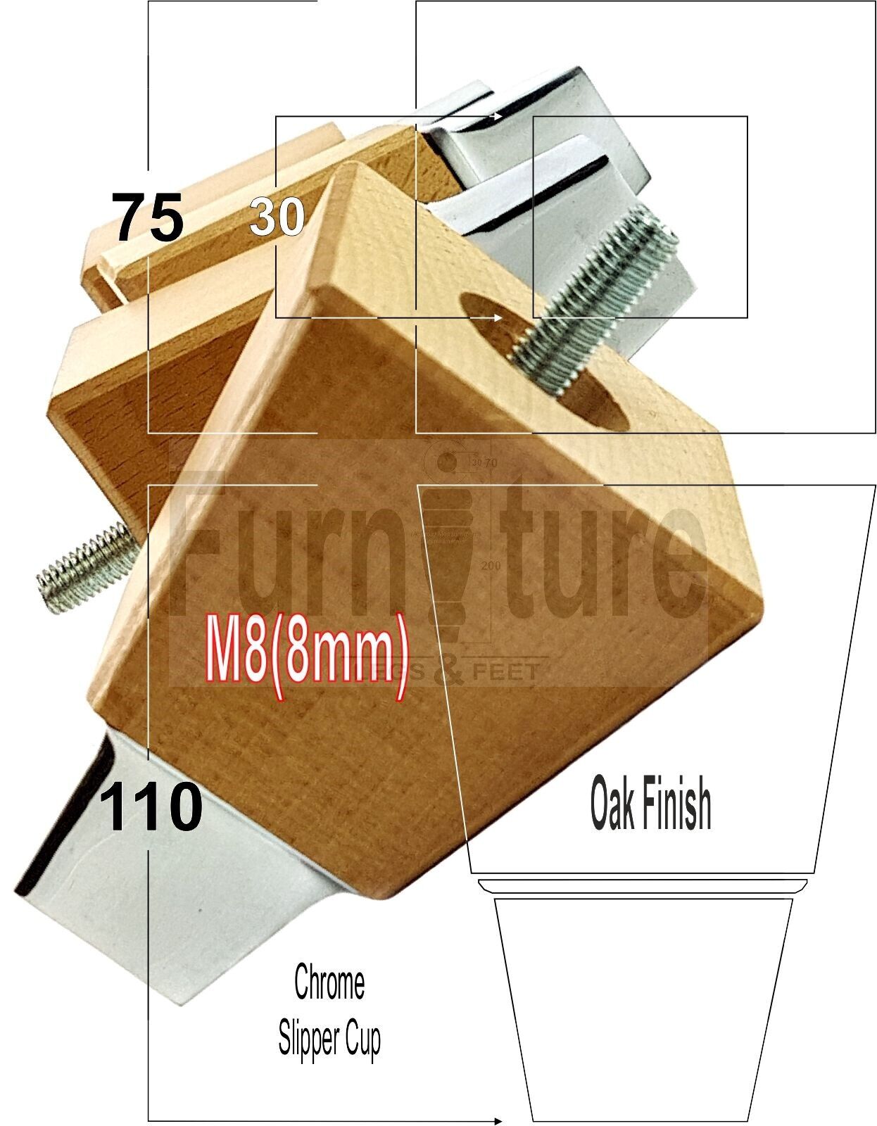 4x Block Wood With A Chrome Slipper Cup Furniture Chair Settee Legs M8 Sofa Feet 110mm