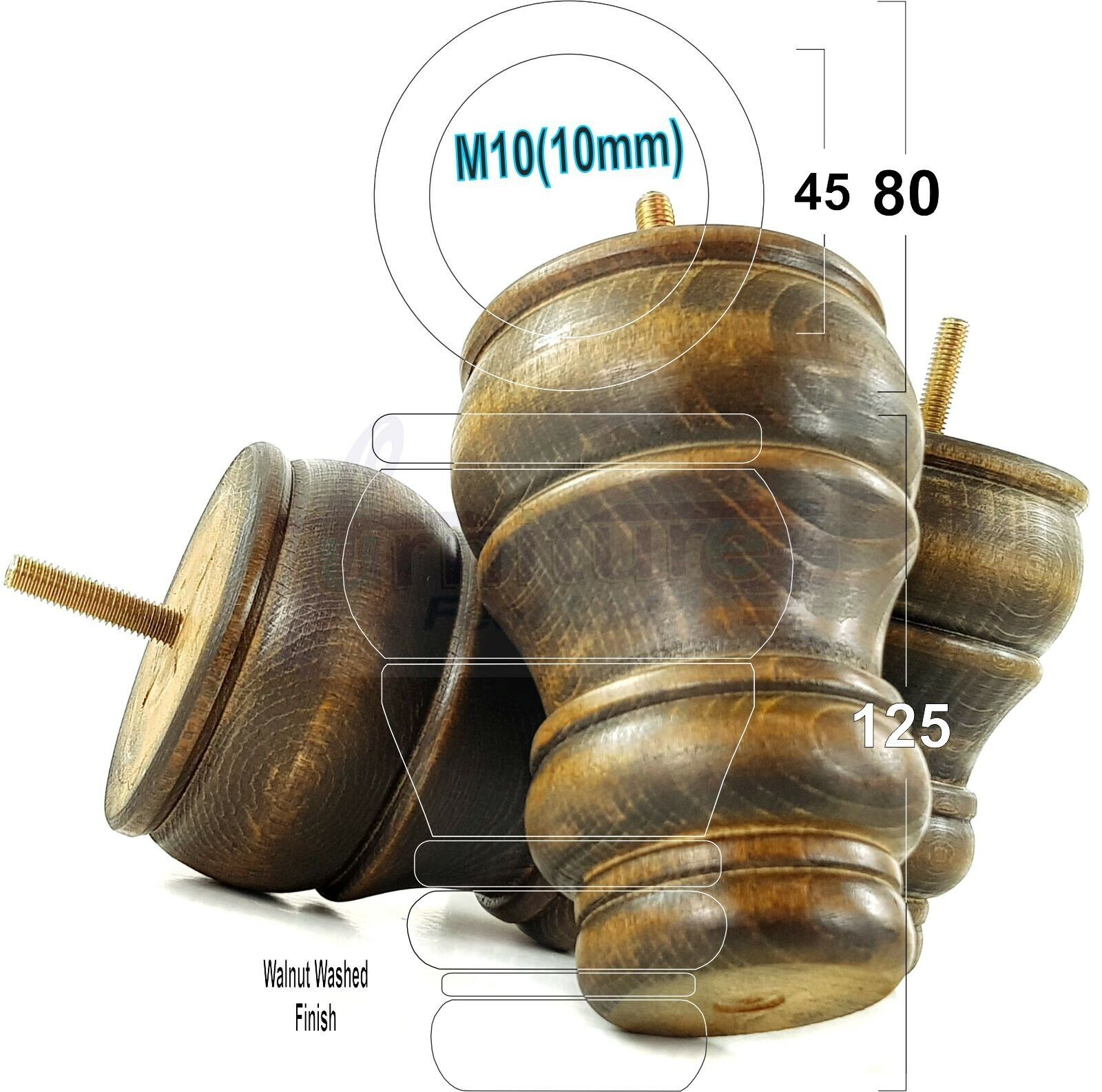 4 Turned Wood Furniture Legs M10 Thread Replacement Feet 125mm High Sofa Chairs Beds