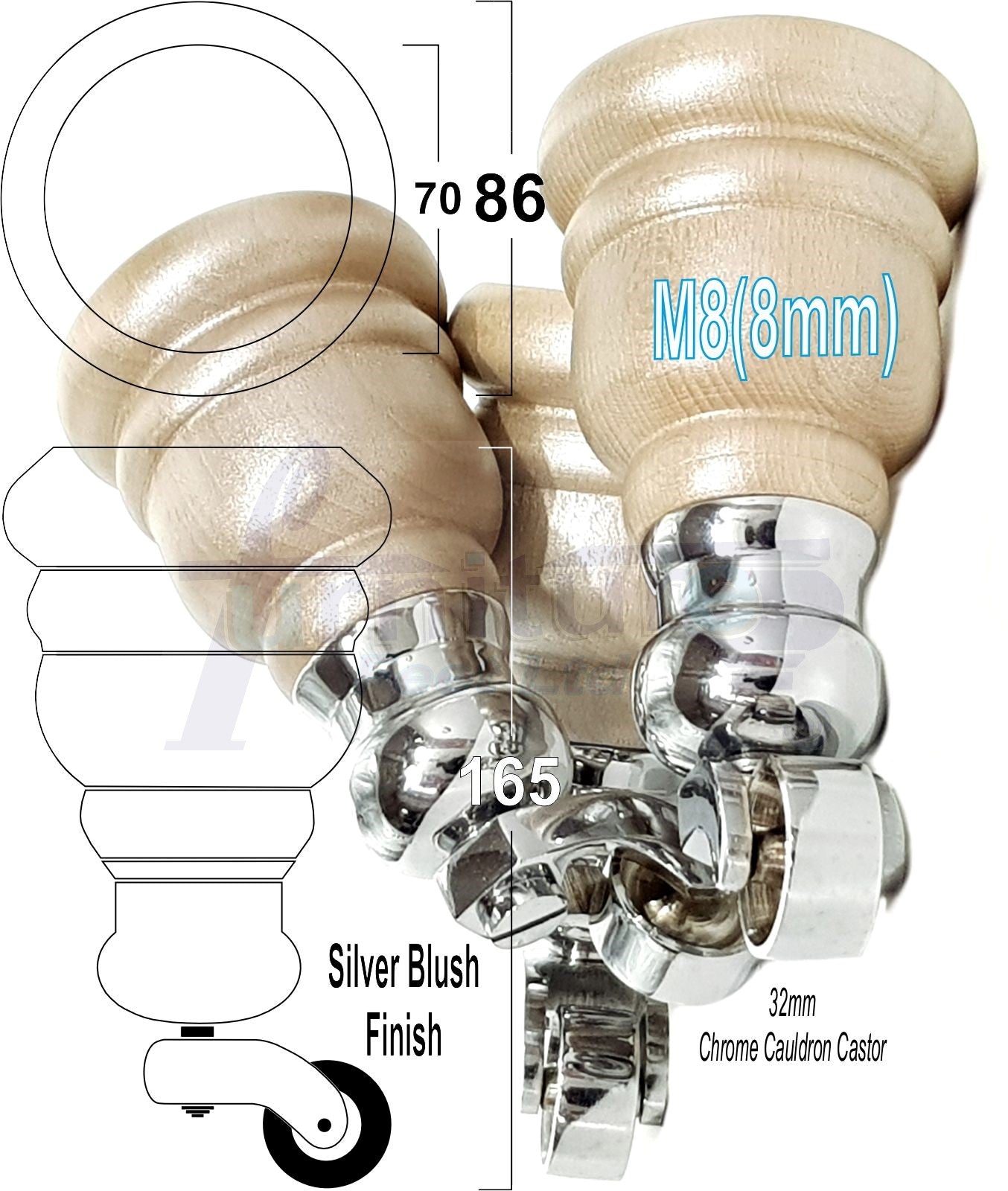 4 Turned Wood Furniture Feet With Chrome Cauldron Castors 155mm Legs Sofas Chairs Stools Cabinets Beds M8 6 Inches