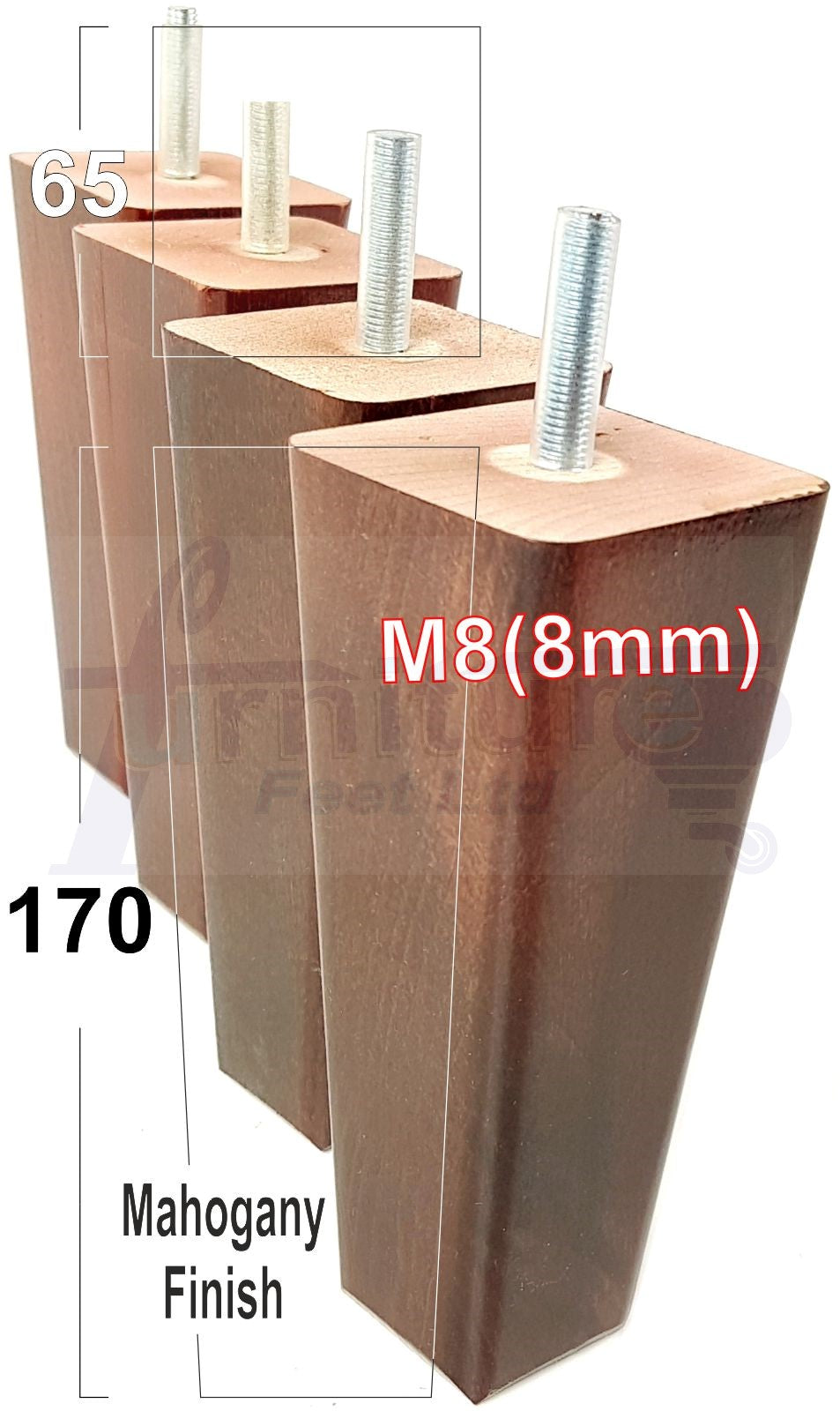 4x Wooden Furniture Legs 170mm High Replacement Square Tapered Feet 8mm