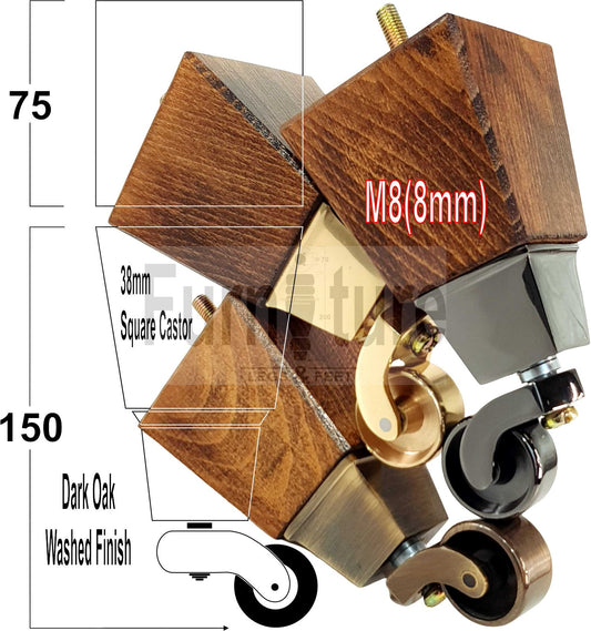 4x Block Wood Furniture Legs With Castor 8mm Thread For Chairs Settees Sofa 150mm High