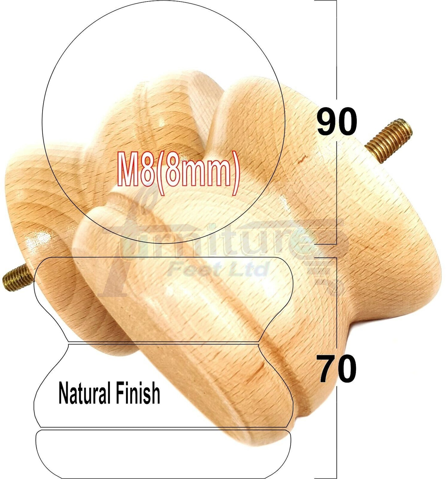 4x Turned Solid Wood Furniture Legs Replacement Bun Feet 70mm High 8mm Thread
