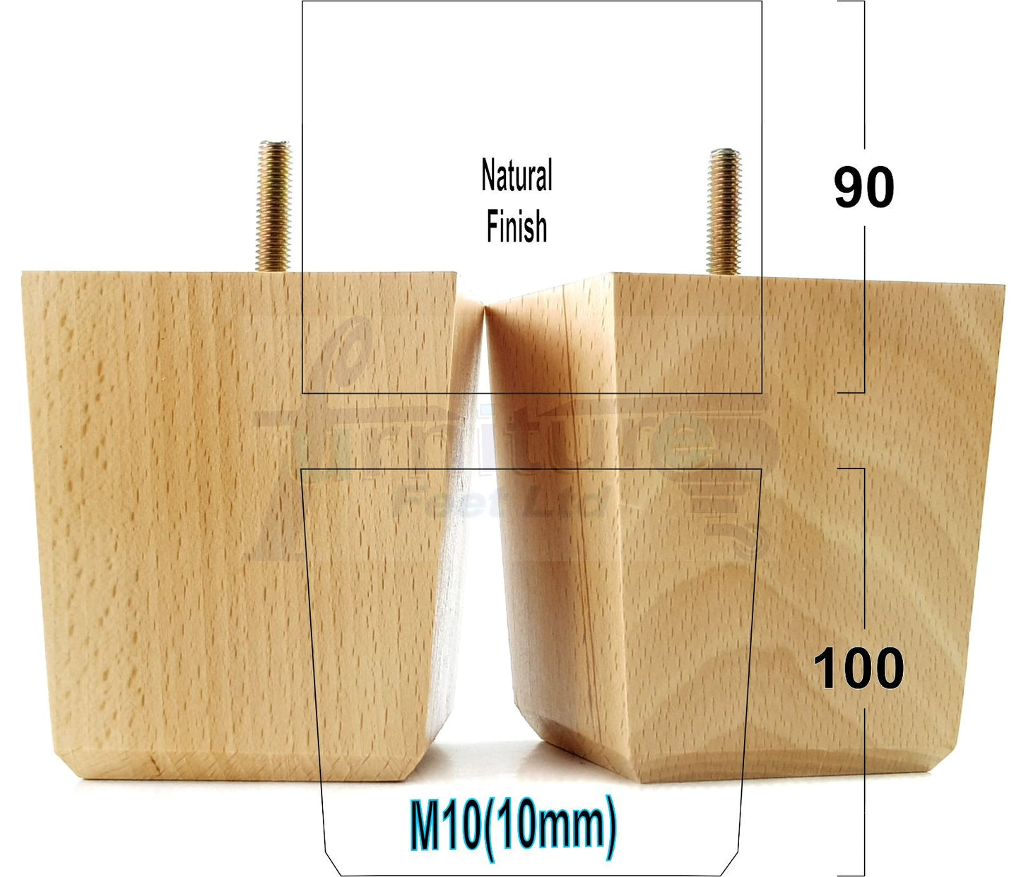 4x Solid Wood Square Furniture Legs Block Replacement Feet 100mm M10 Thread