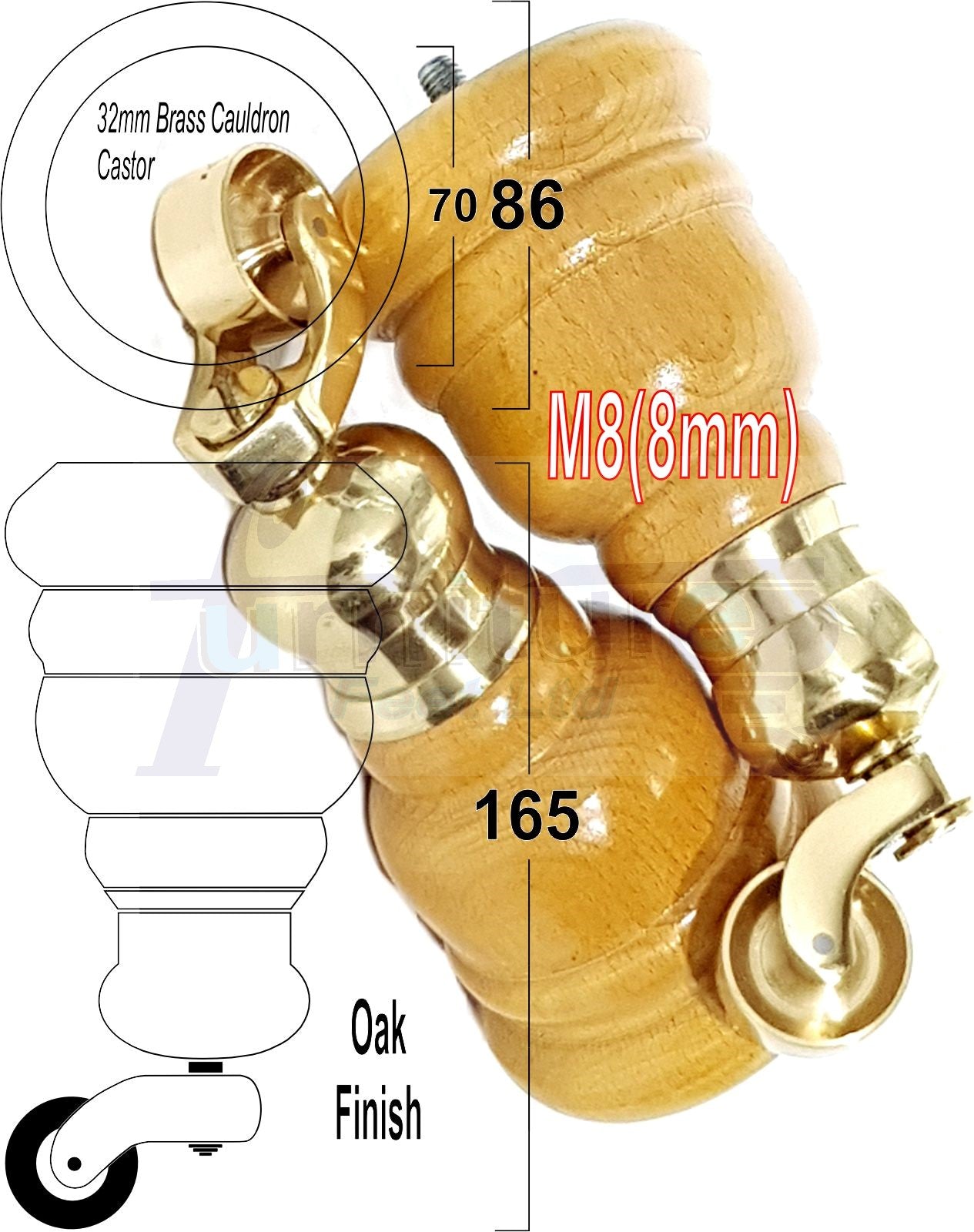4 Turned Wood Furniture Feet With Brass Cauldron Castors 160mm Legs Sofas Chairs Stools Cabinets Beds M8 6 Inches