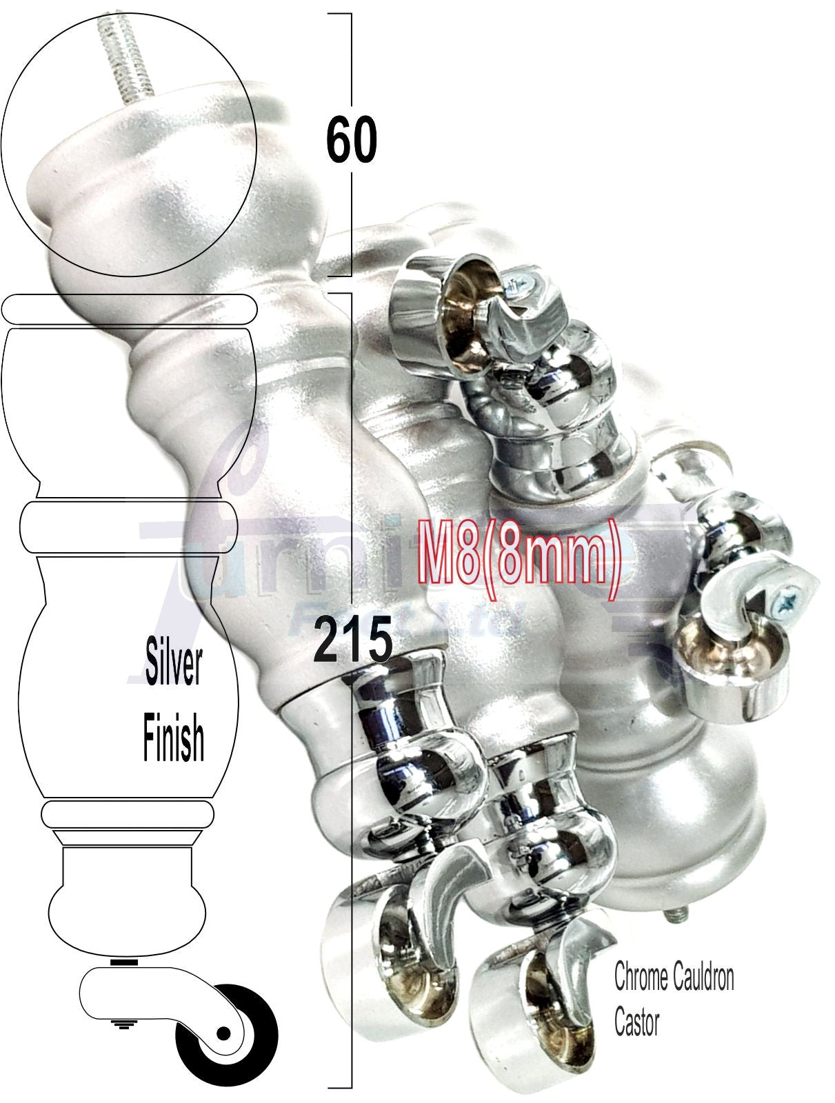 4x Furniture Feet With Castor 205mm High Legs Silver Wood M8 Sofas Chairs Stools Cabinets 8 Inches Tall