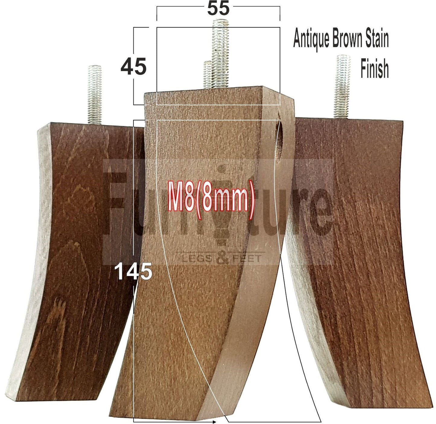 Set Of 4 Solid Wood Curved Furniture Feet Replacement Legs 145mm High M8(8mm)