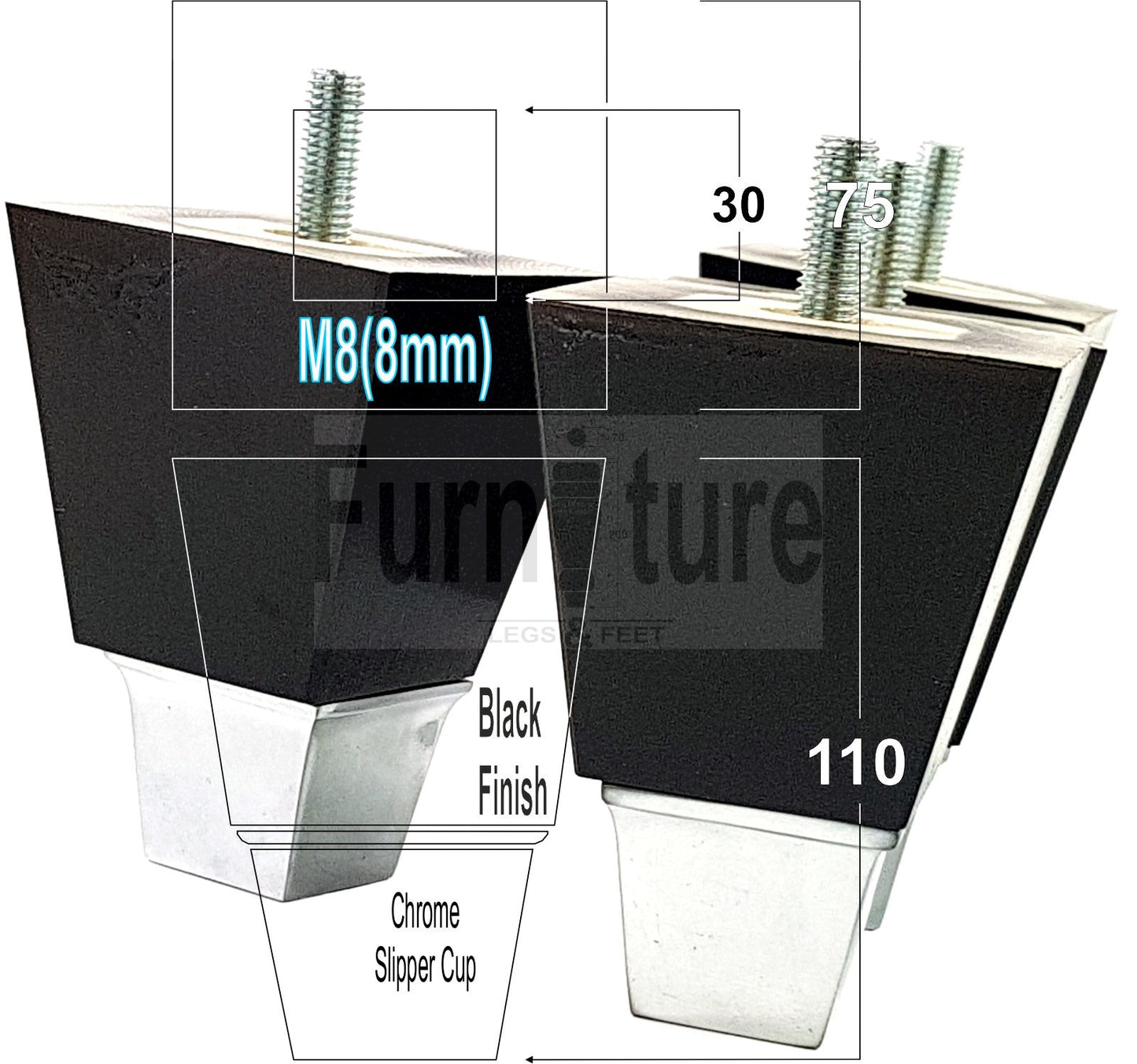 4x Block Wood With A Chrome Slipper Cup Furniture Chair Settee Legs M8 Sofa Feet 110mm