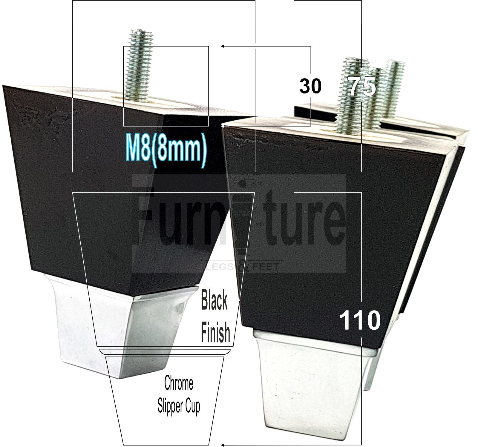 4x Block Wood With A Chrome Slipper Cup Furniture Chair Settee Legs M8 Sofa Feet 110mm