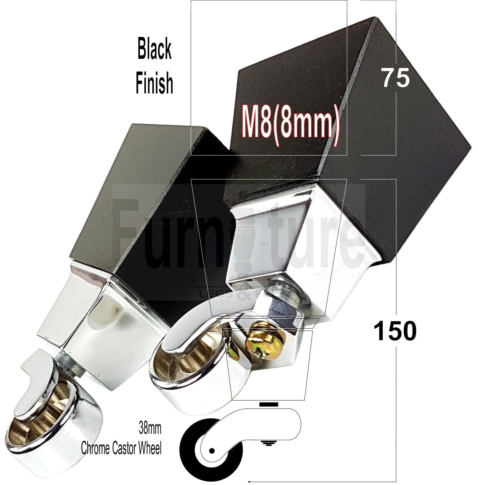 4x Block Wood Furniture Legs With Chrome Castors For Sofa Chairs Settees 8mm Thread 150mm High